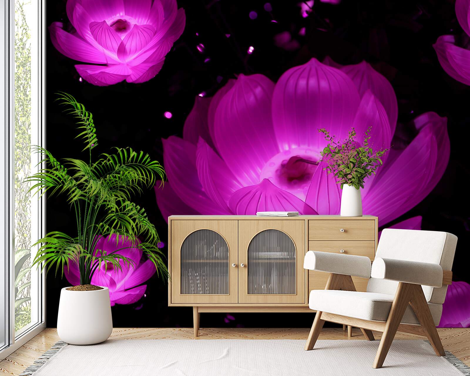 Papier peint fleurs violettes à la lumière des néons