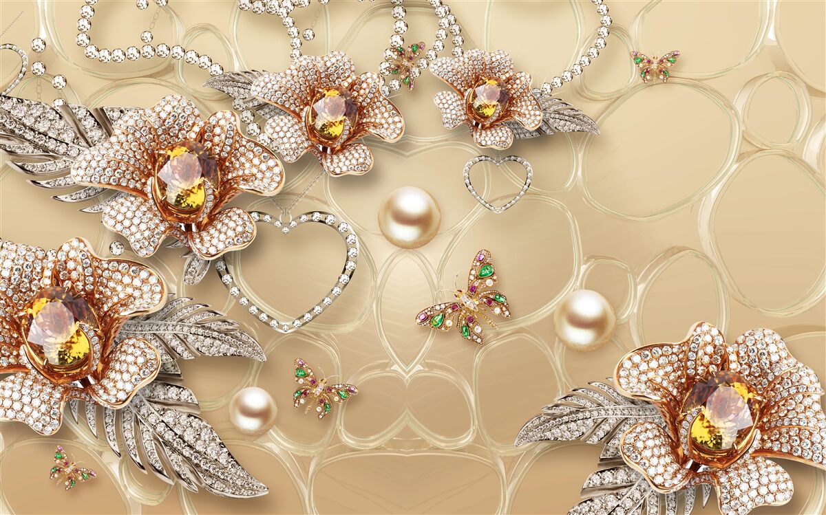 Papier peint fleurs en métal blanc avec perles