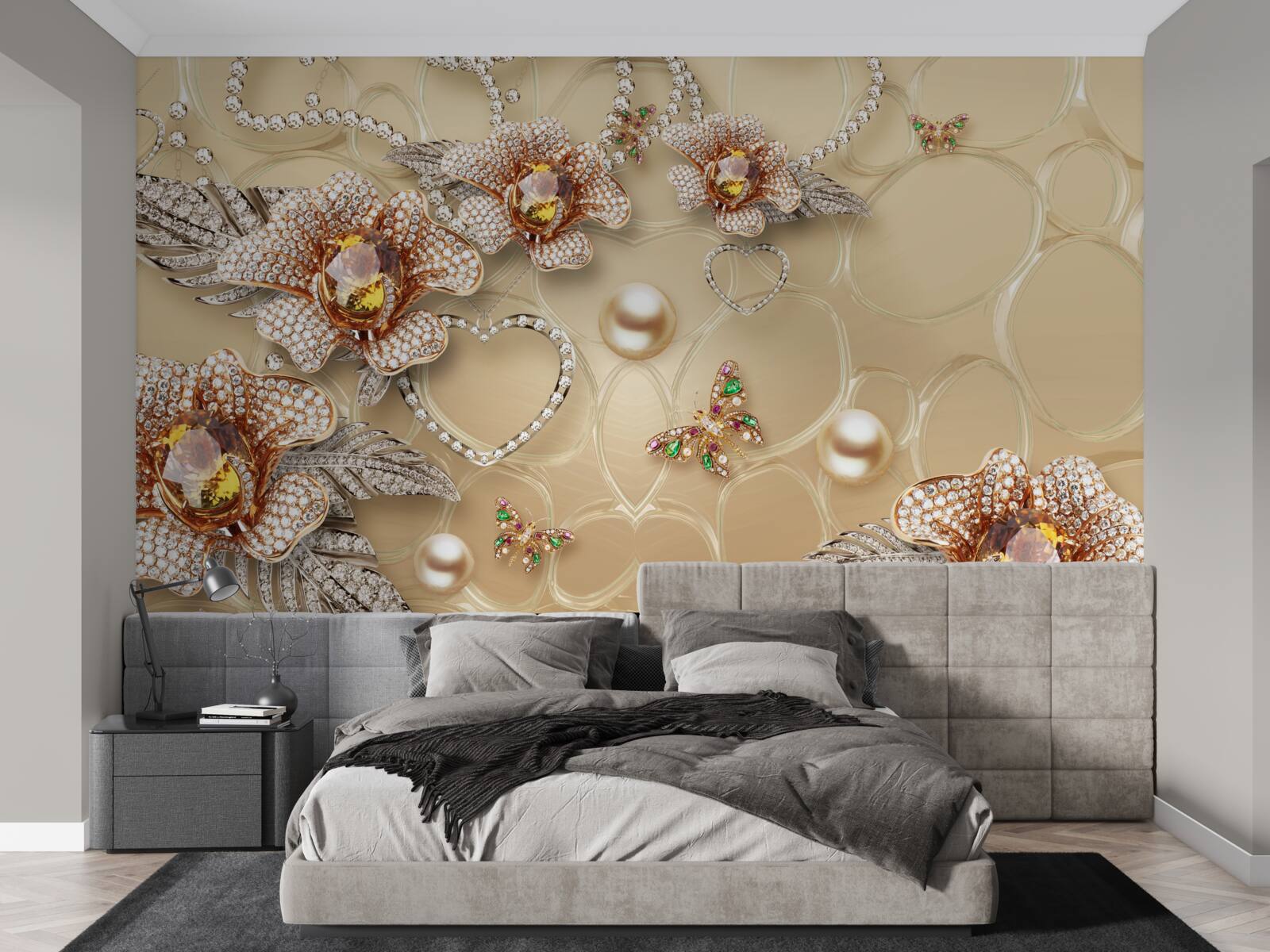 Papier peint fleurs en métal blanc avec perles