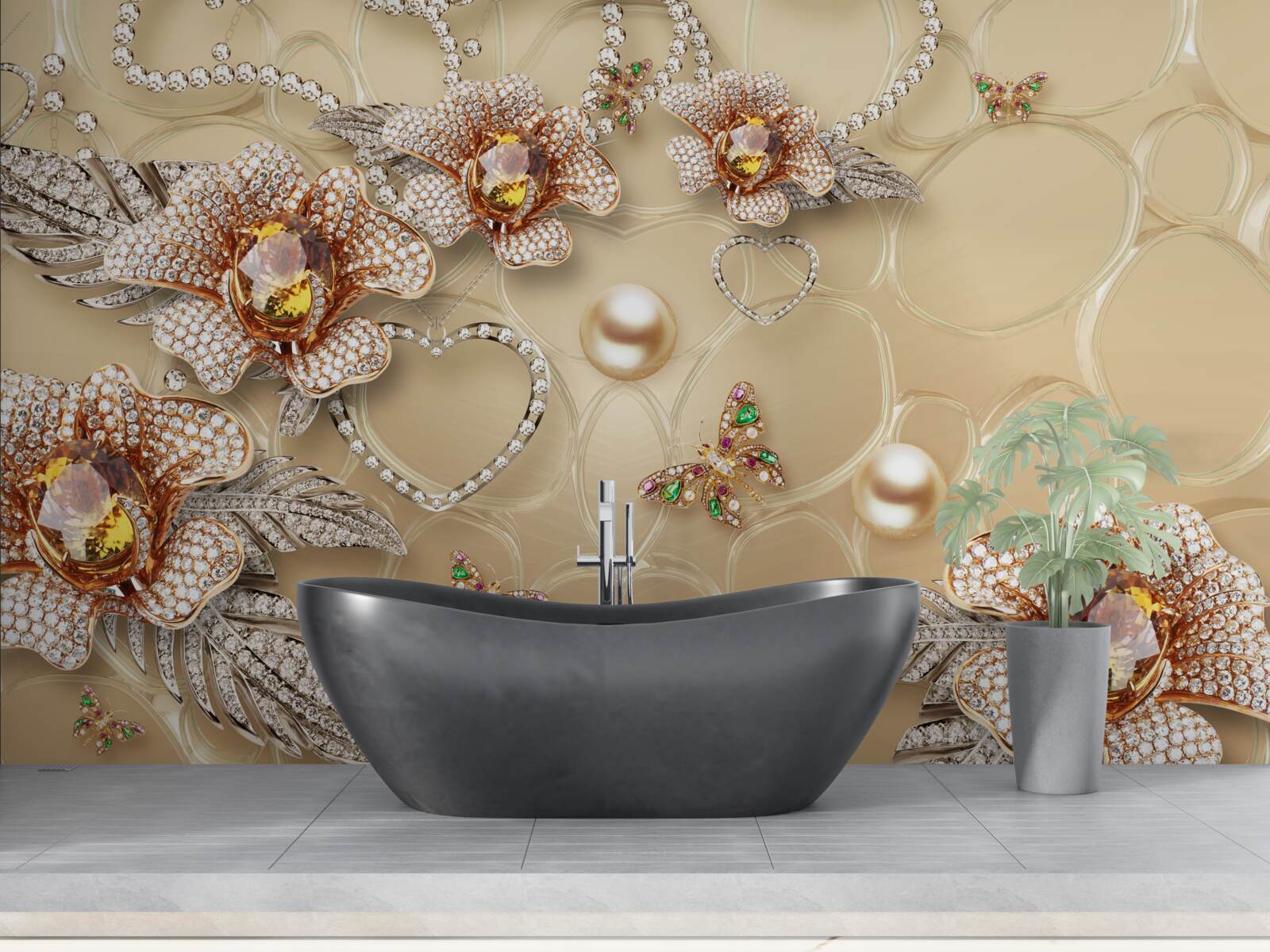 Papier peint fleurs en métal blanc avec perles