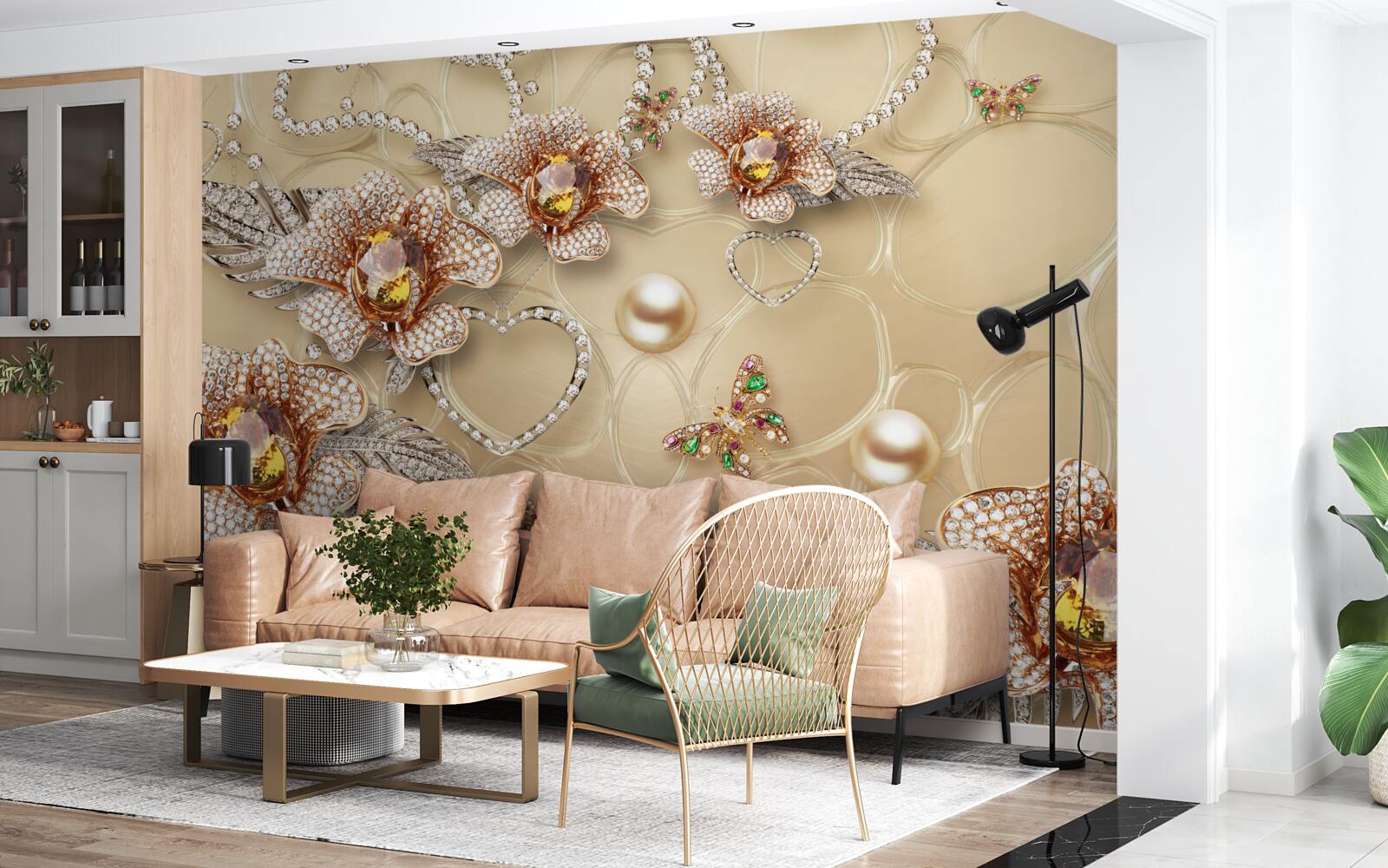 Papier peint fleurs en métal blanc avec perles