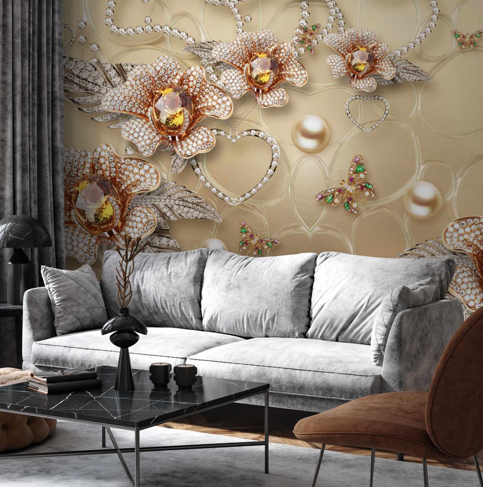 Papier peint fleurs en métal blanc avec perles