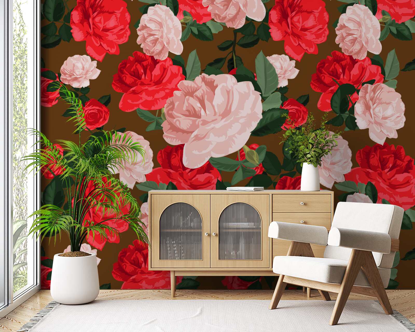 Papier peint fleurs de roses rouges et roses
