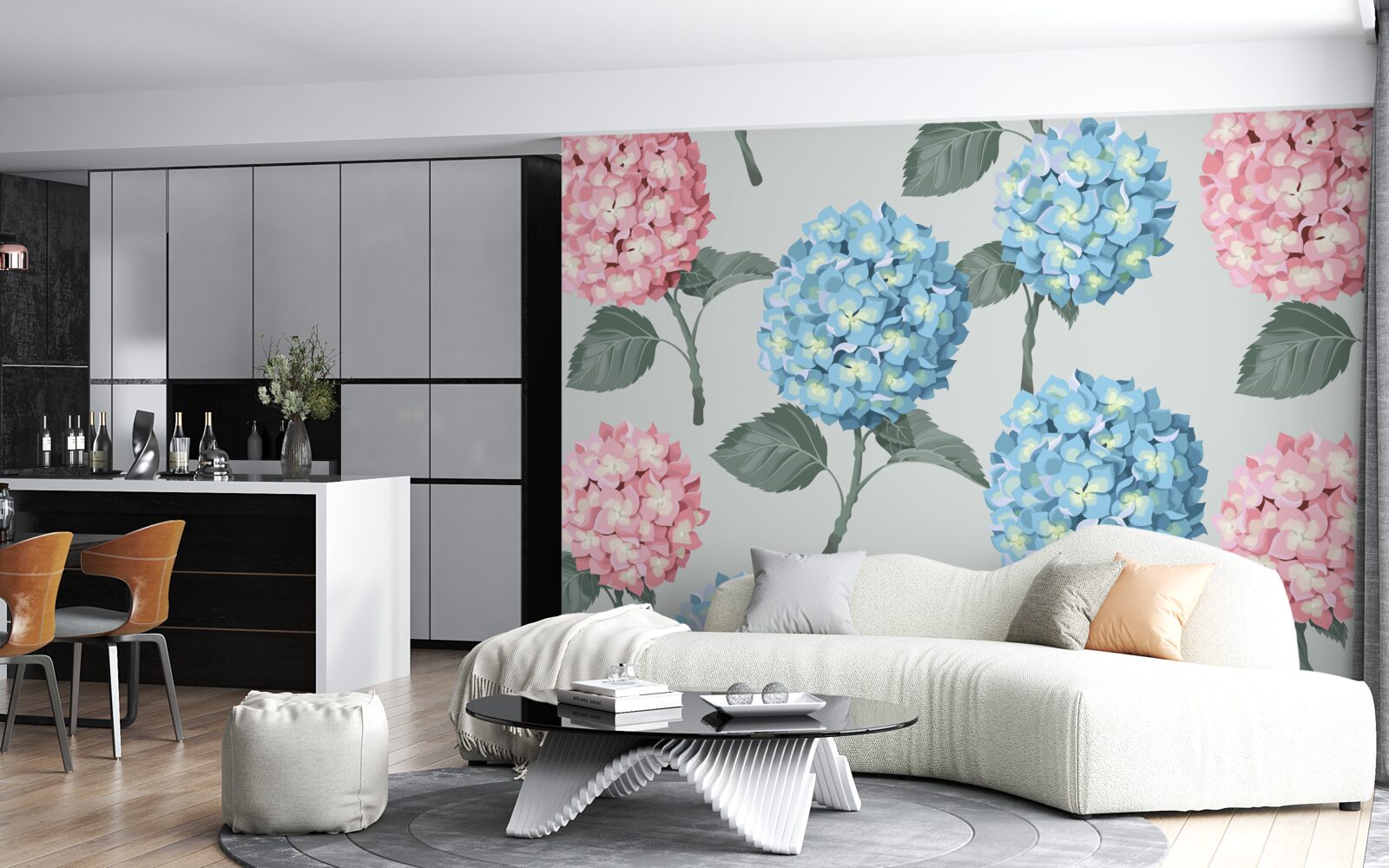 Papier peint hortensias roses et bleus