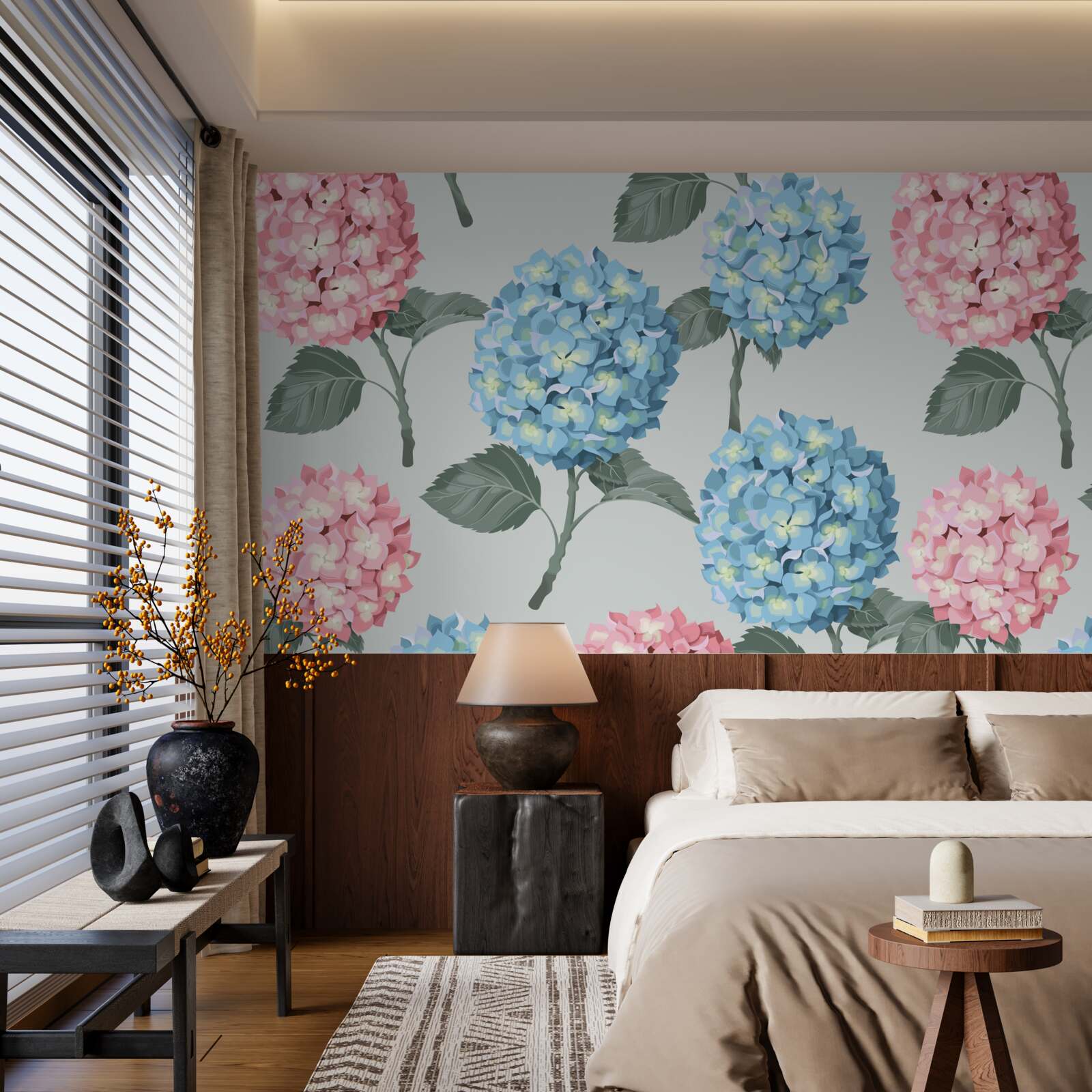 Papier peint hortensias roses et bleus