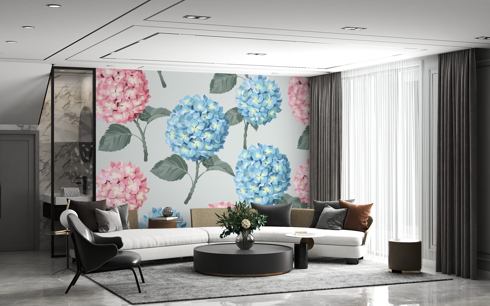Papier peint hortensias roses et bleus