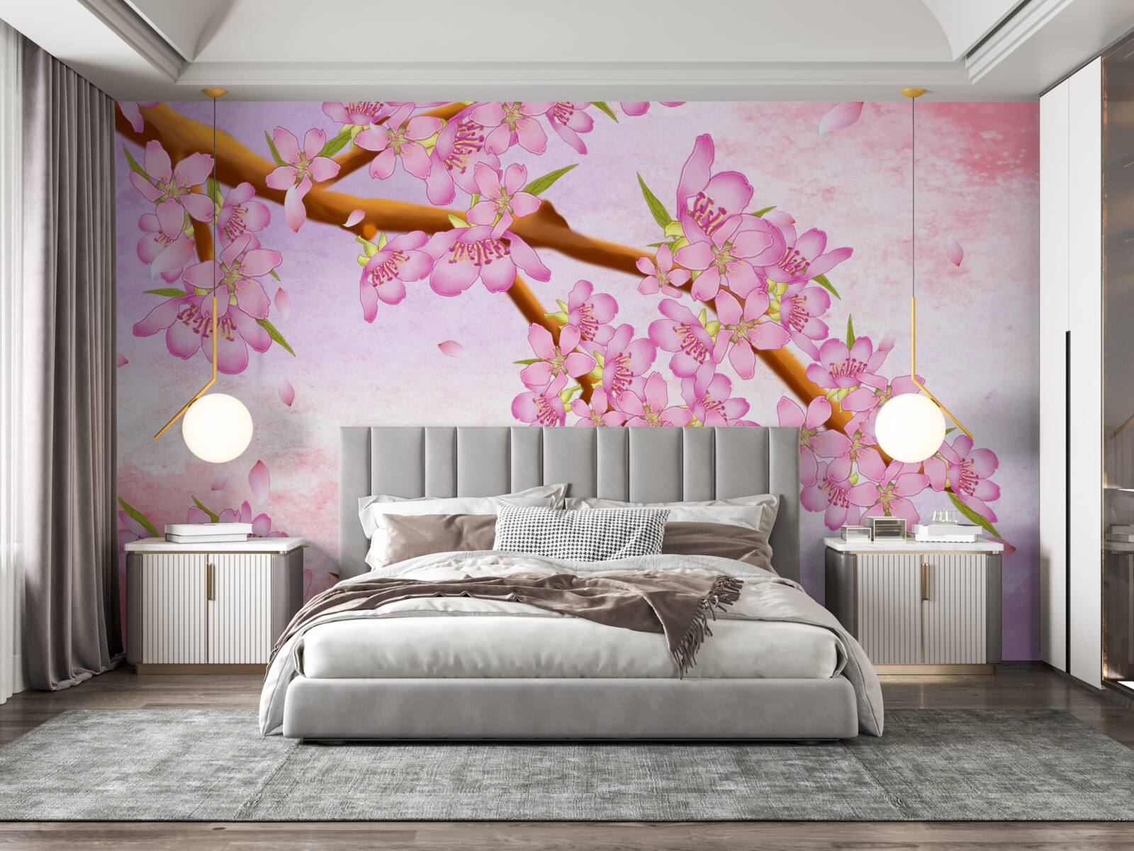 Papier peint de beaux bourgeons roses fleurissent sur les branches