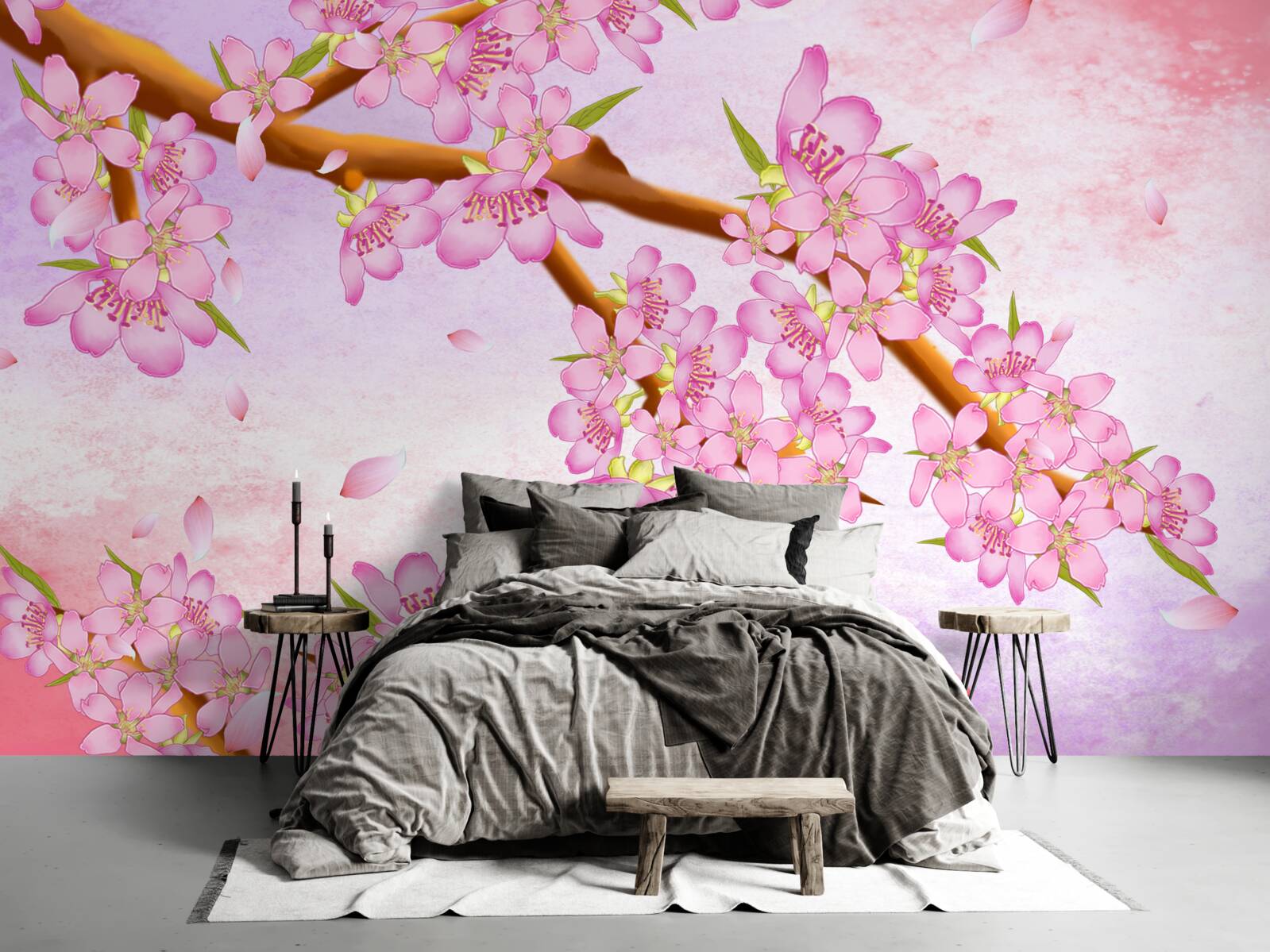 Papier peint de beaux bourgeons roses fleurissent sur les branches