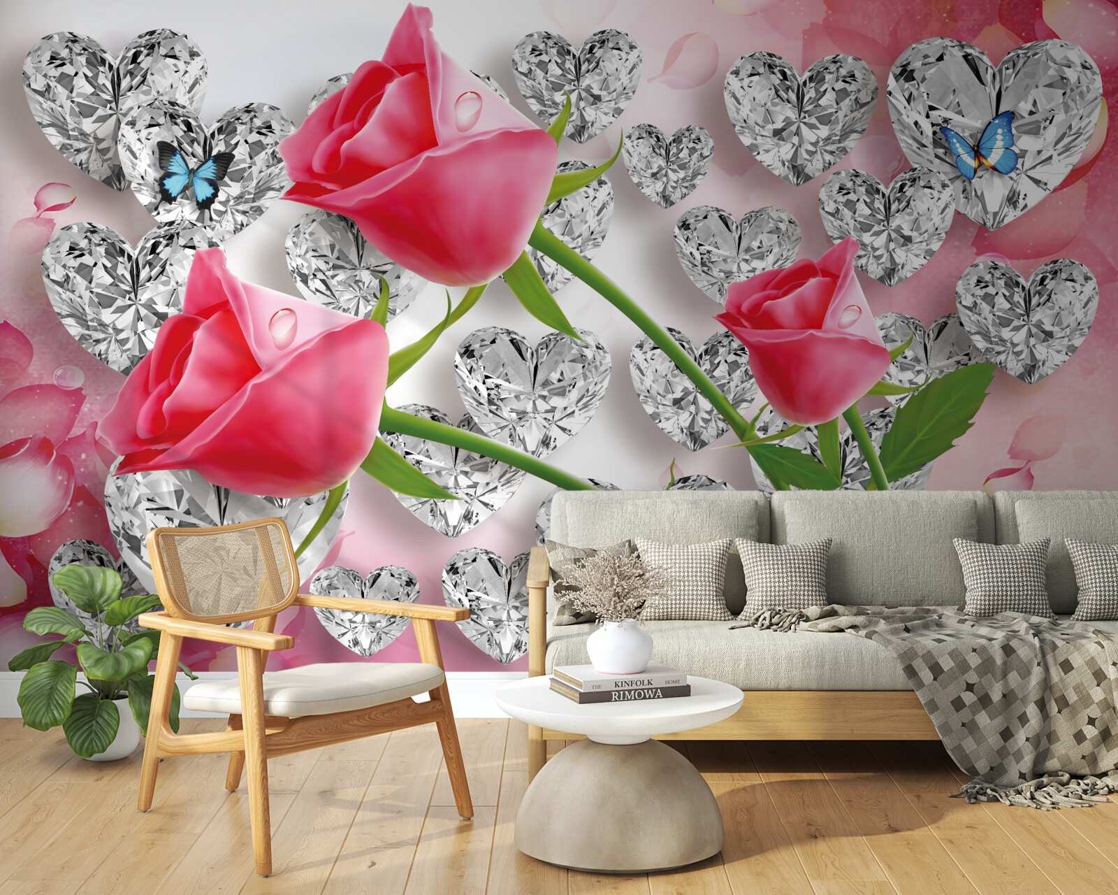 Papier peint diamants et roses rouges