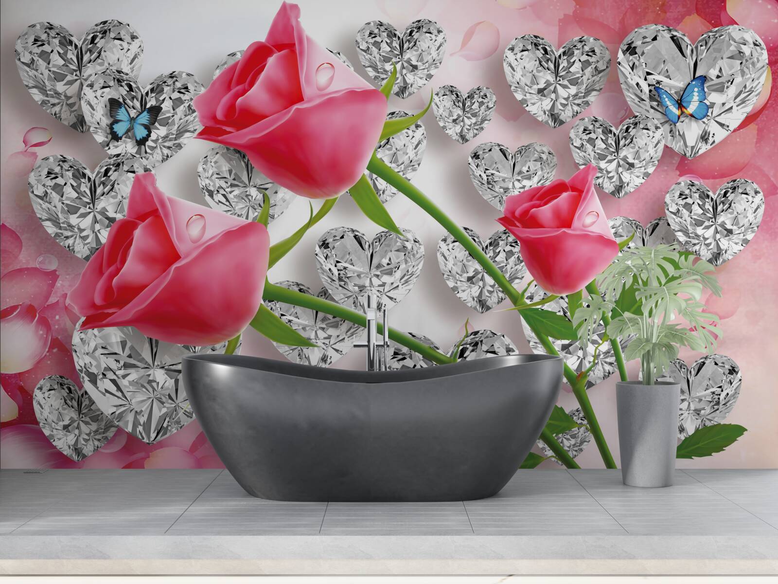 Papier peint diamants et roses rouges