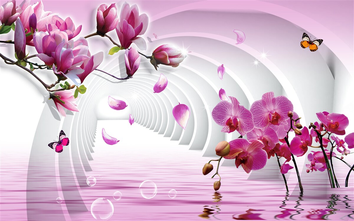 Papier peint branches d'orchidées en lilas et rouge