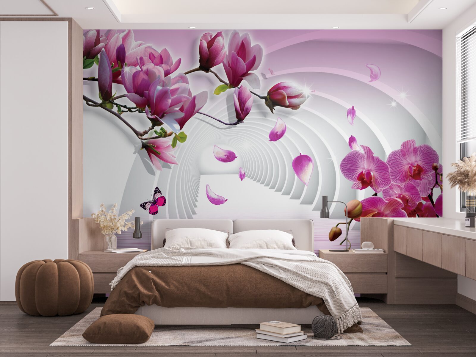 Papier peint branches d'orchidées en lilas et rouge