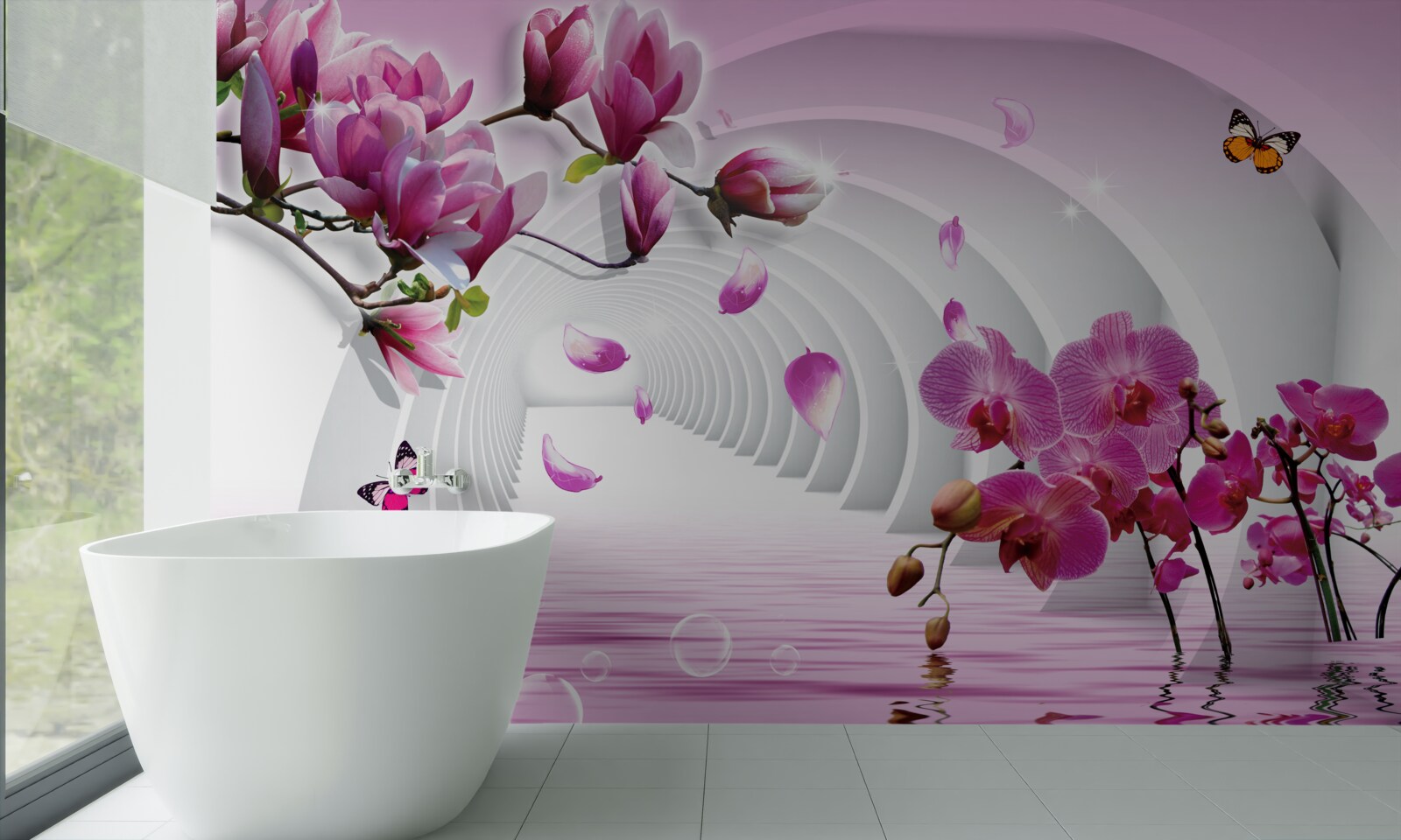 Papier peint branches d'orchidées en lilas et rouge