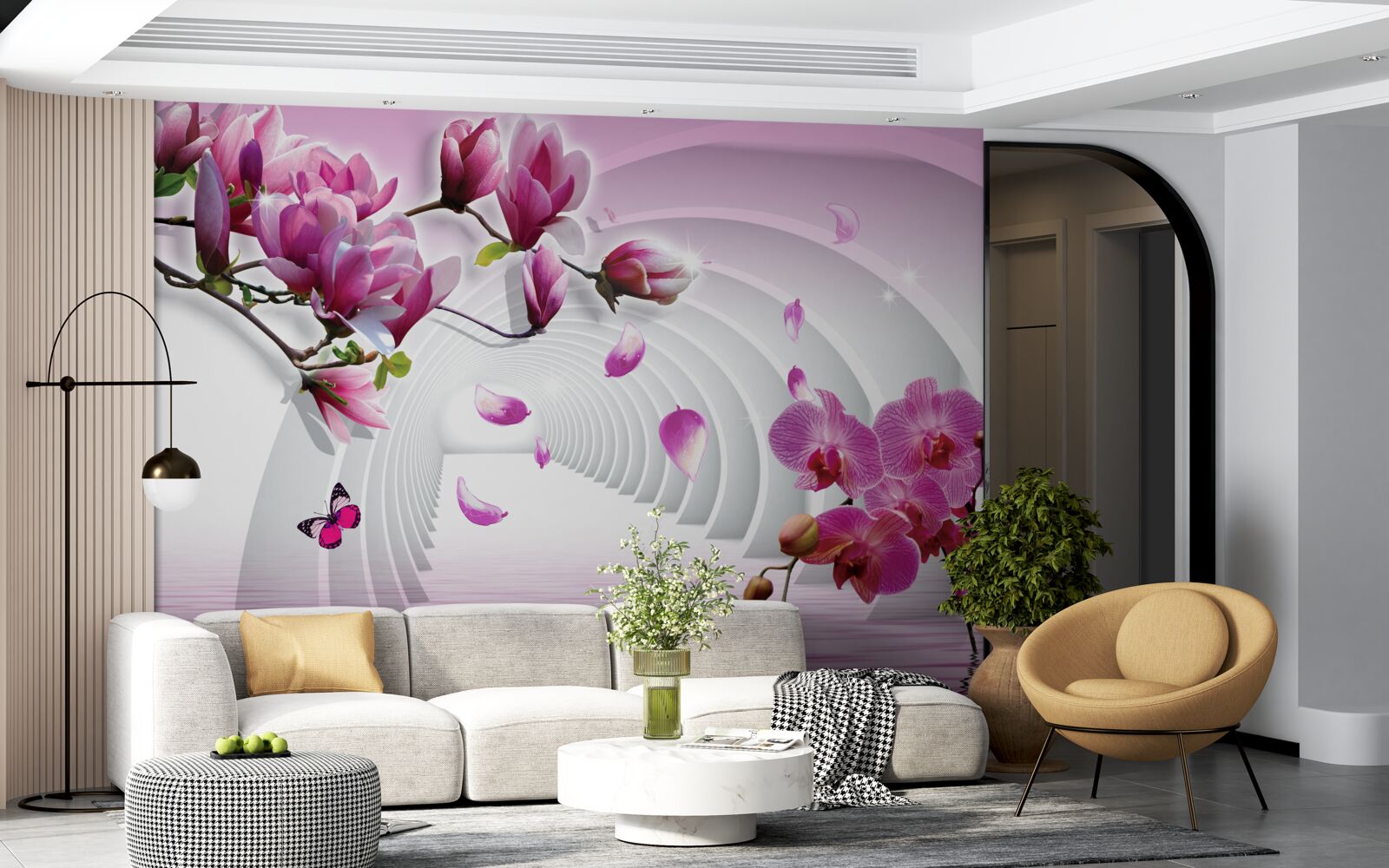 Papier peint branches d'orchidées en lilas et rouge