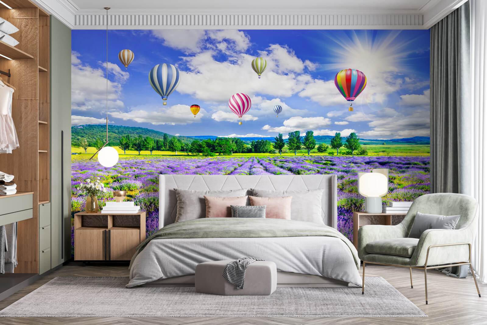 Papier peint vol en ballon au-dessus d'un champ de lavande