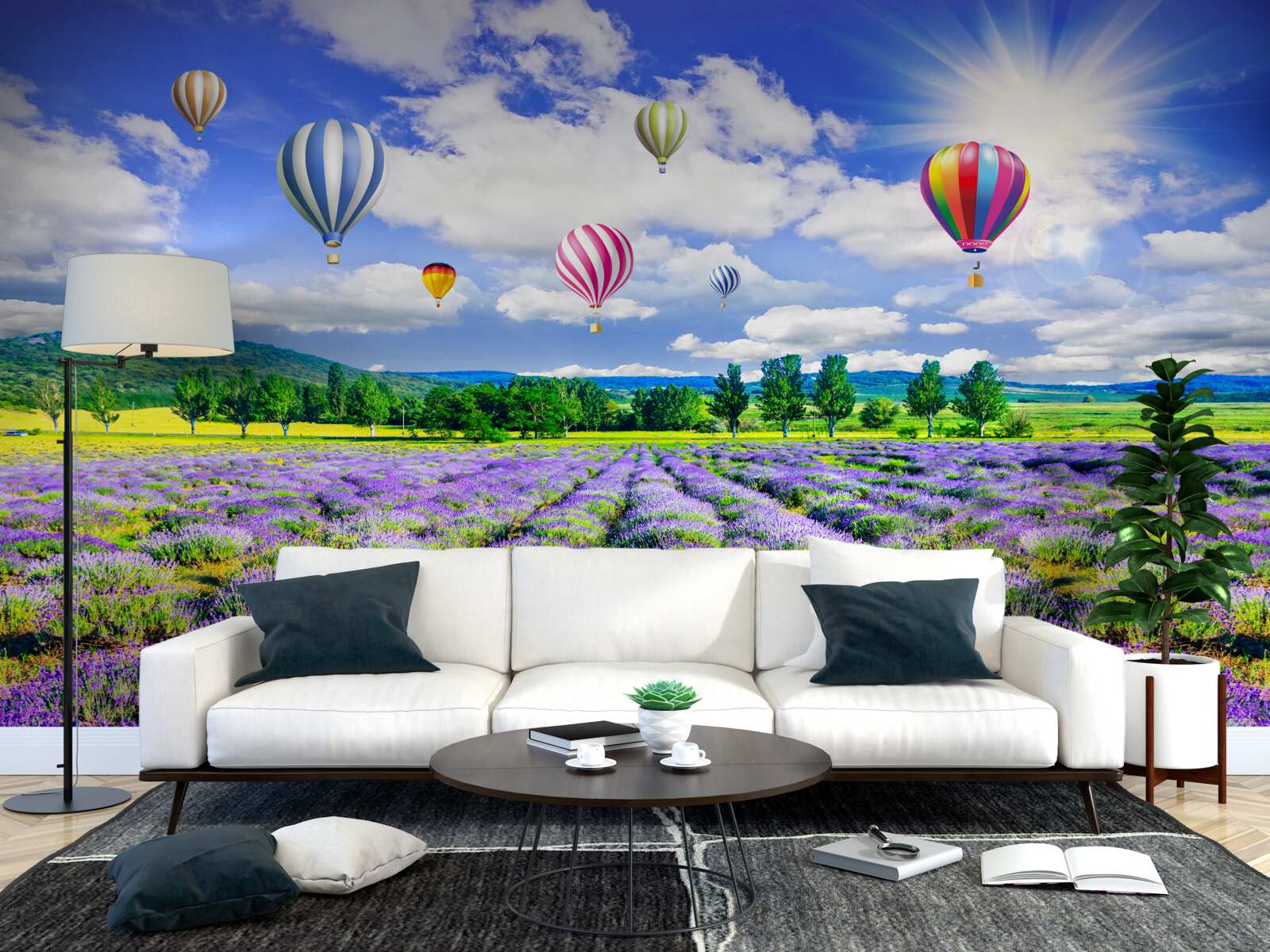 Papier peint vol en ballon au-dessus d'un champ de lavande