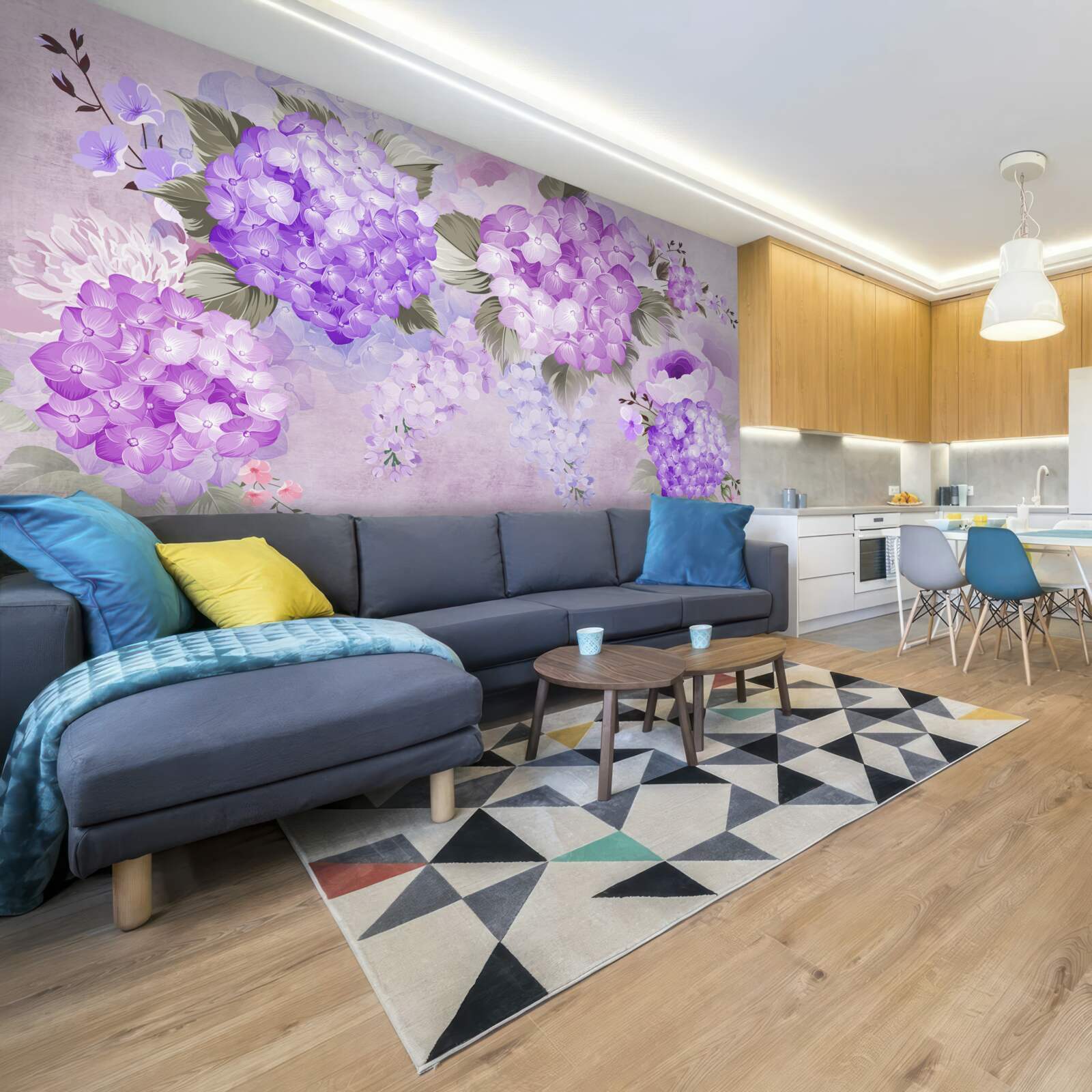 Papier peint hortensia lilas sur fond doux