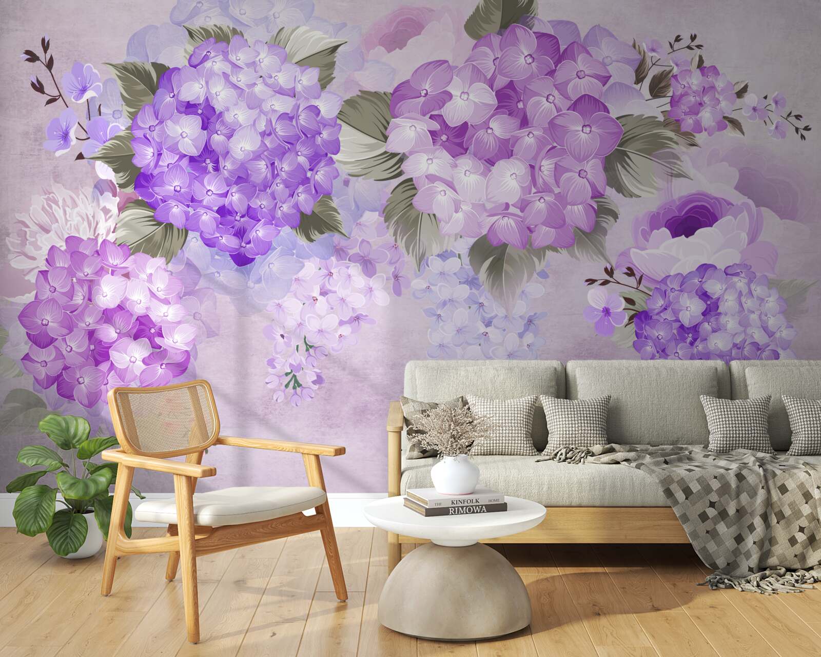 Papier peint hortensia lilas sur fond doux
