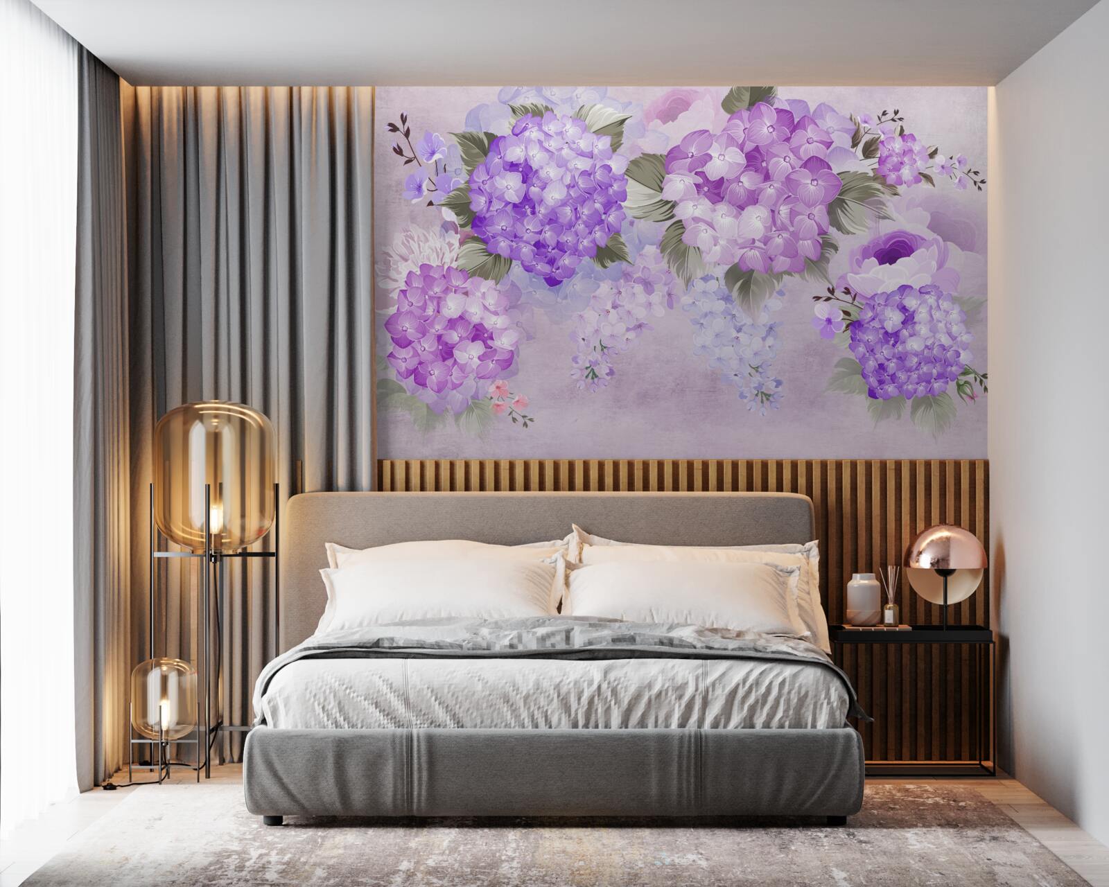 Papier peint hortensia lilas sur fond doux