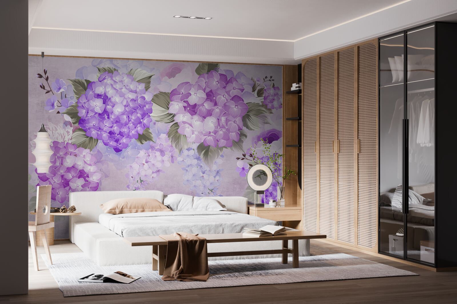 Papier peint hortensia lilas sur fond doux