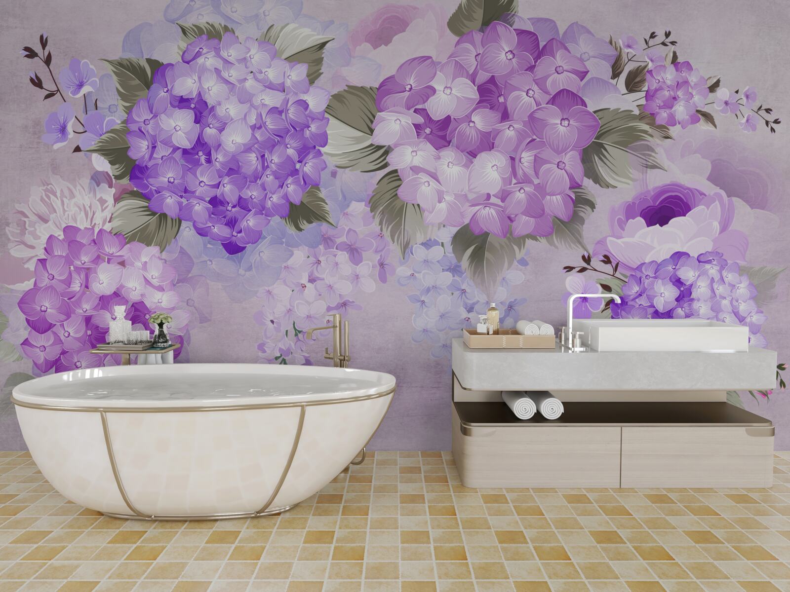 Papier peint hortensia lilas sur fond doux