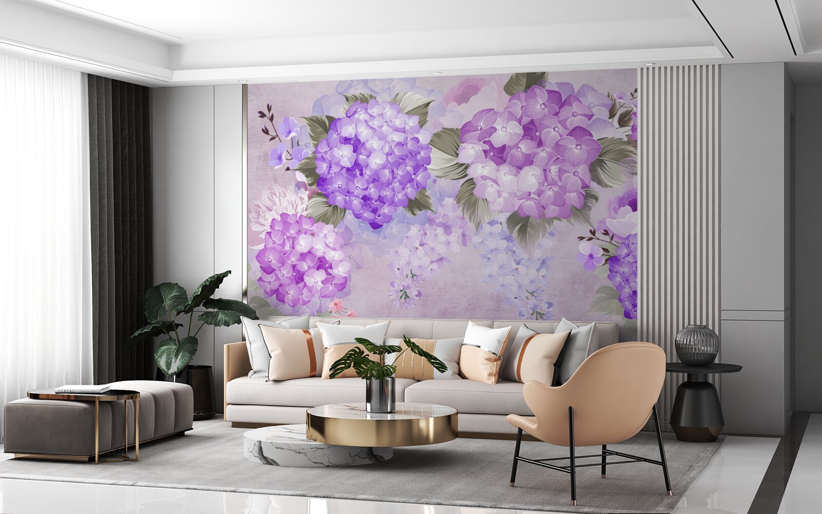 Papier peint hortensia lilas sur fond doux