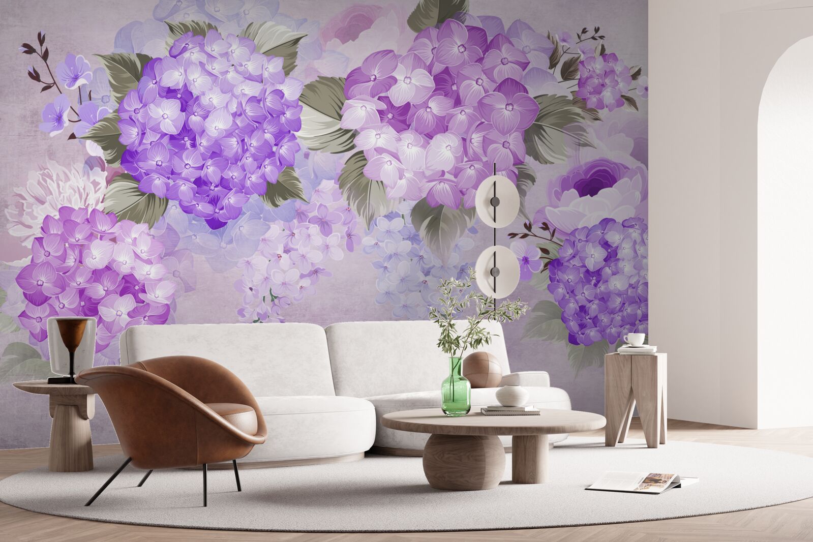 Papier peint hortensia lilas sur fond doux