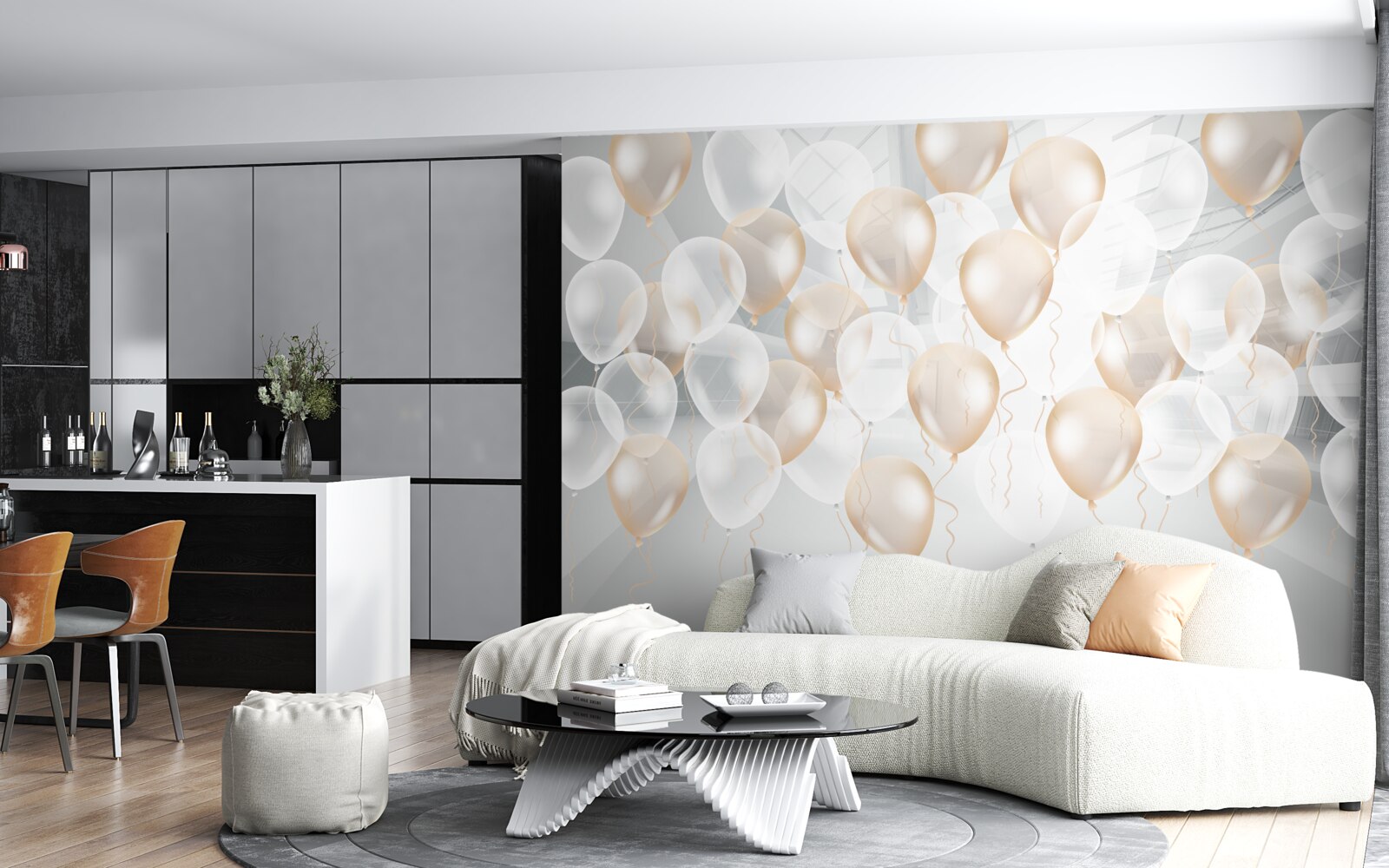 Papier peint ballons blancs et or