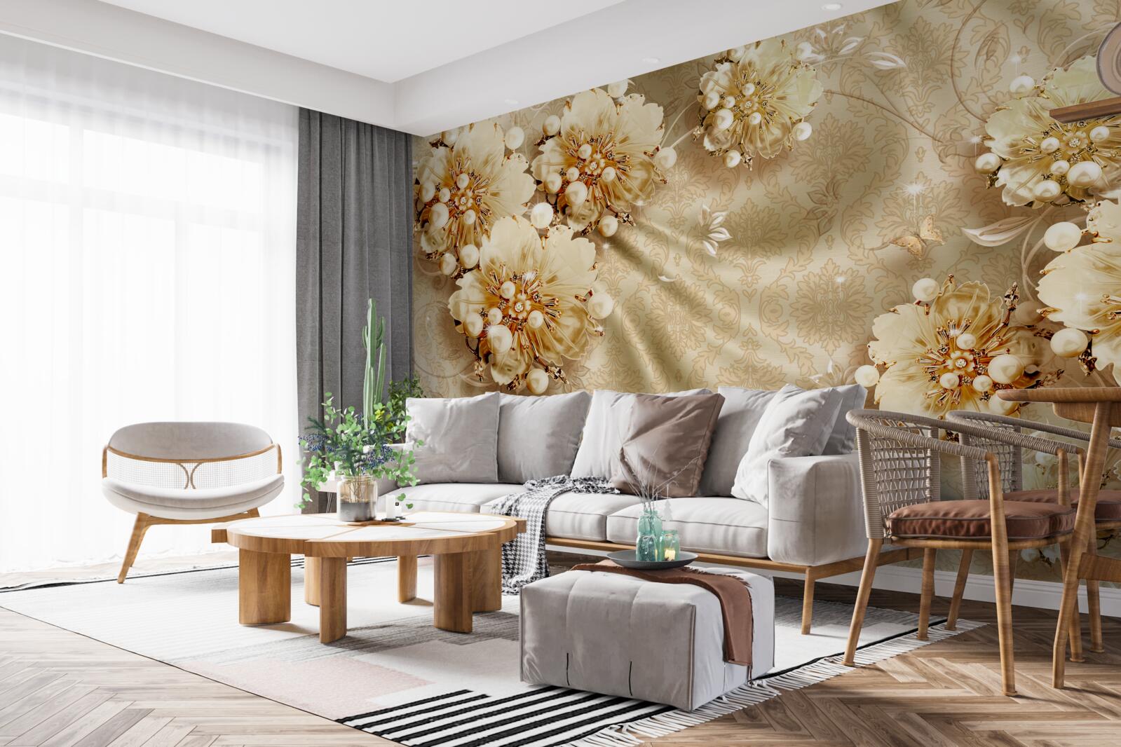 Papier peint les nuances de brun dominent les tons floraux et de soie