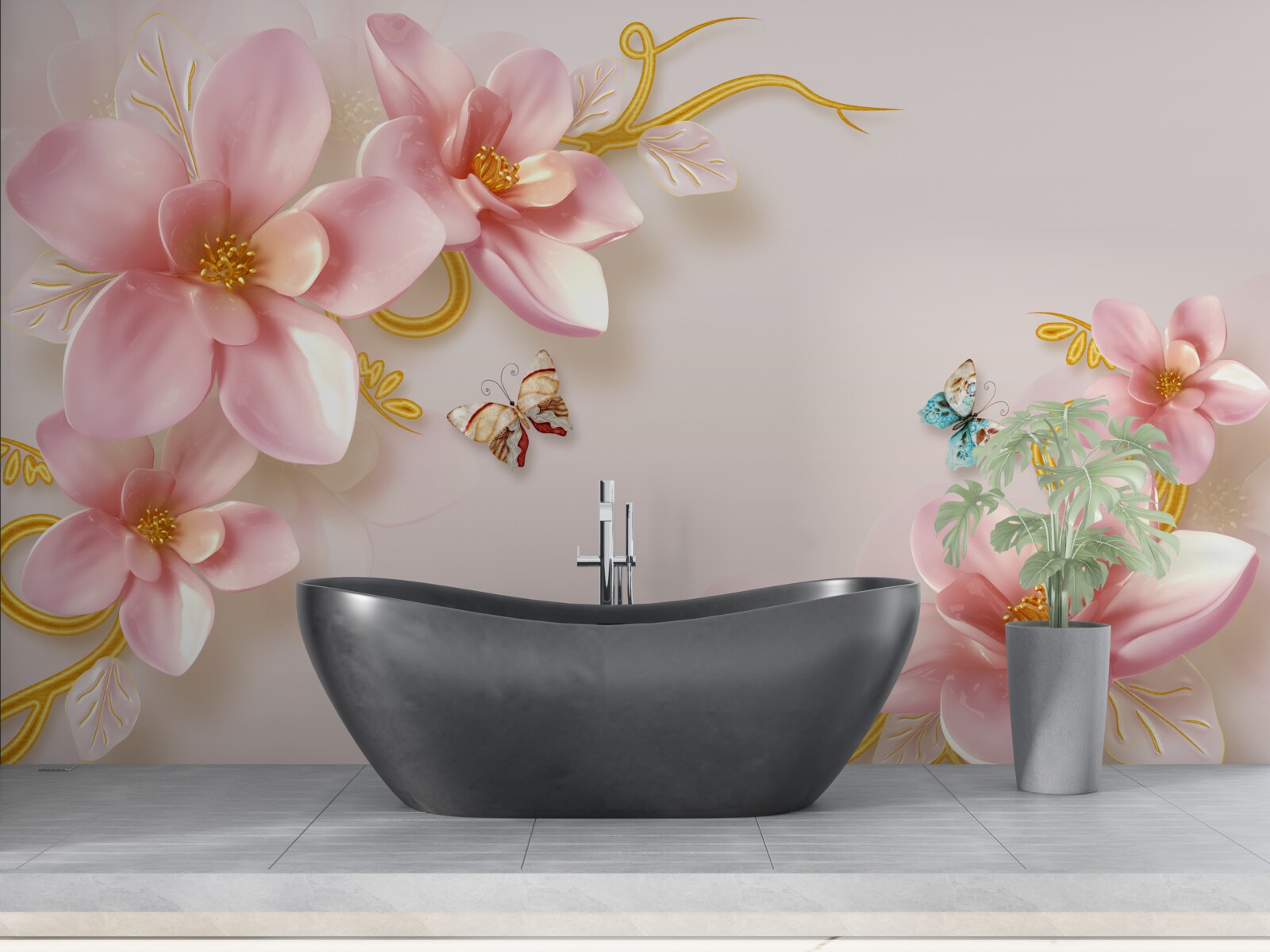 Papier peint jolies fleurs en porcelaine rose