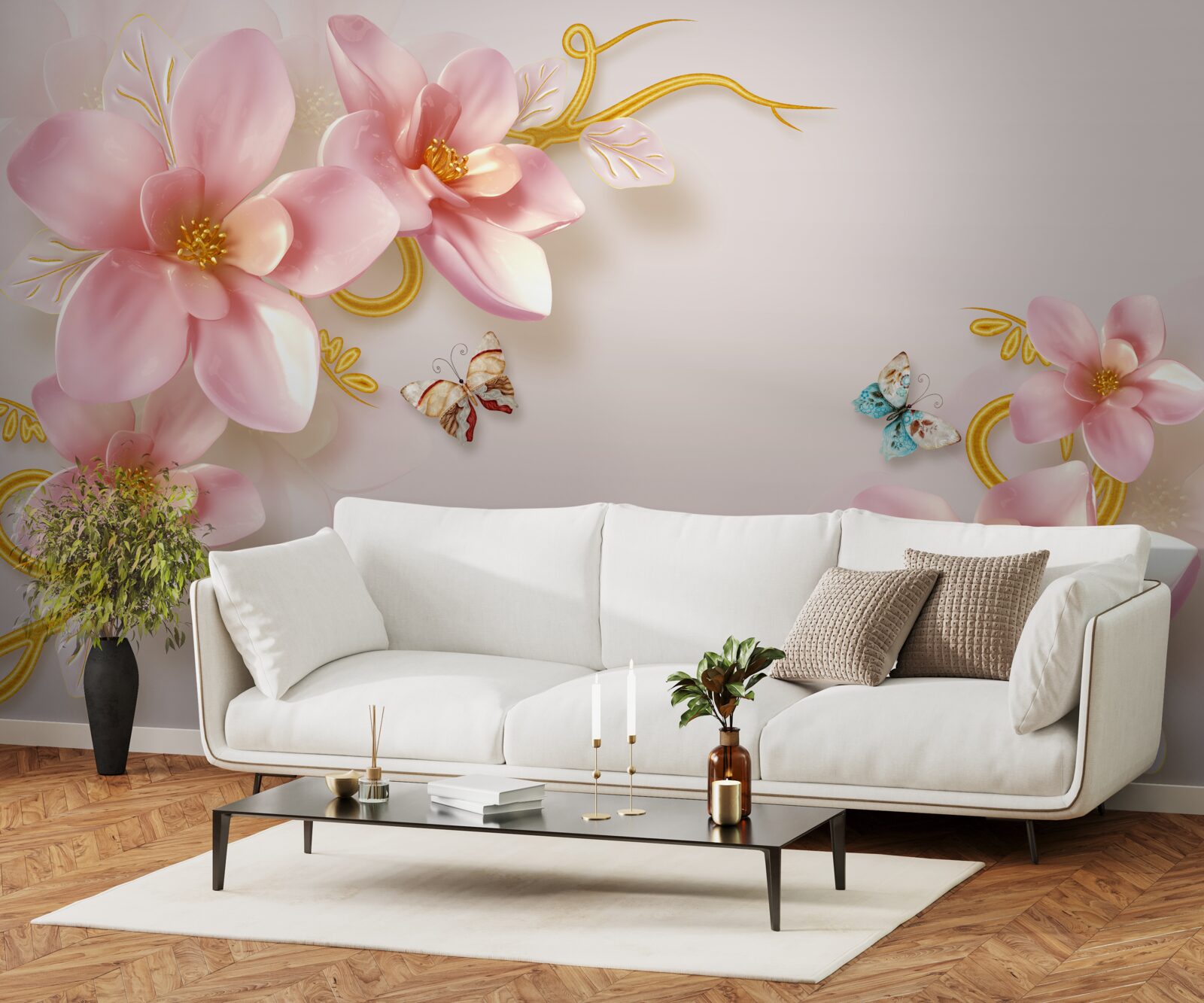 Papier peint jolies fleurs en porcelaine rose