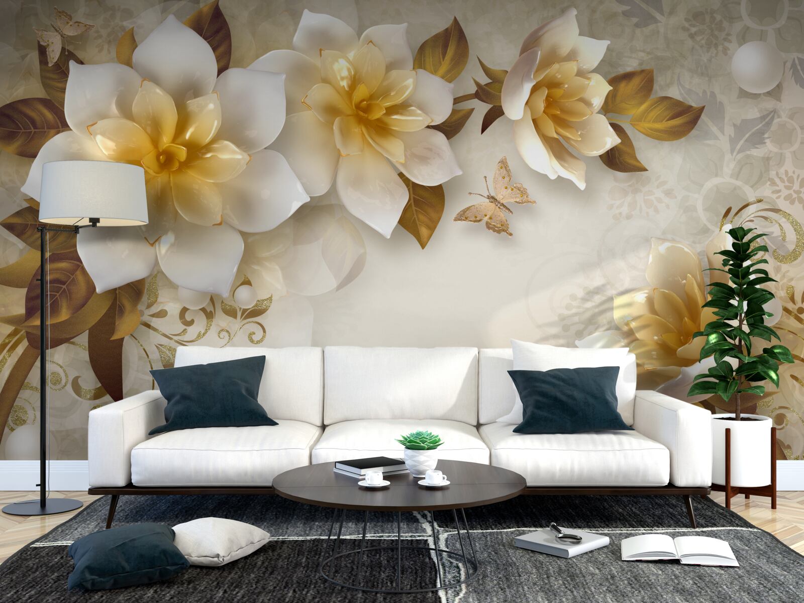Papier peint les lotus, blancs comme la neige, ornent les branches comme des perles lacées