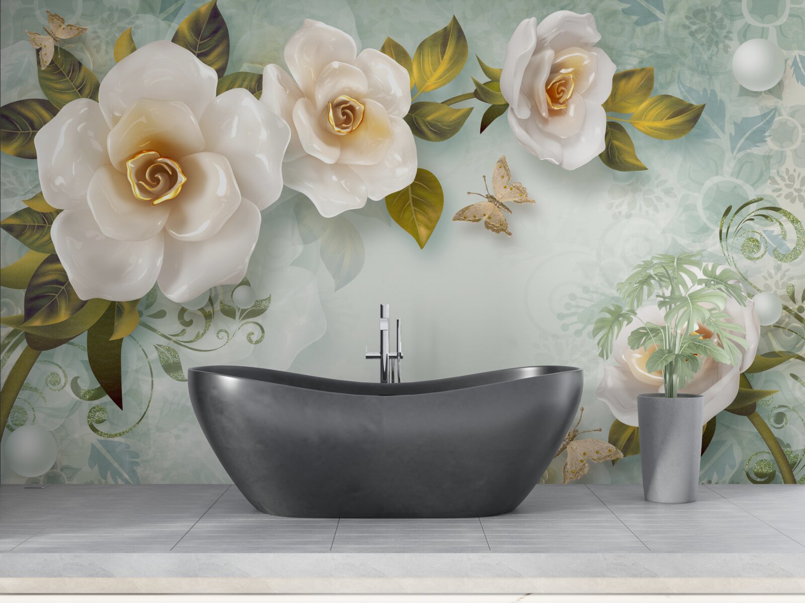 Papier peint roses en laque beige