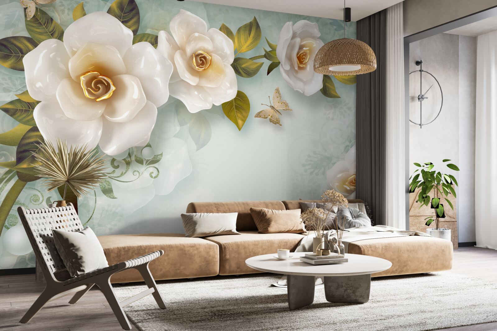 Papier peint roses en laque beige