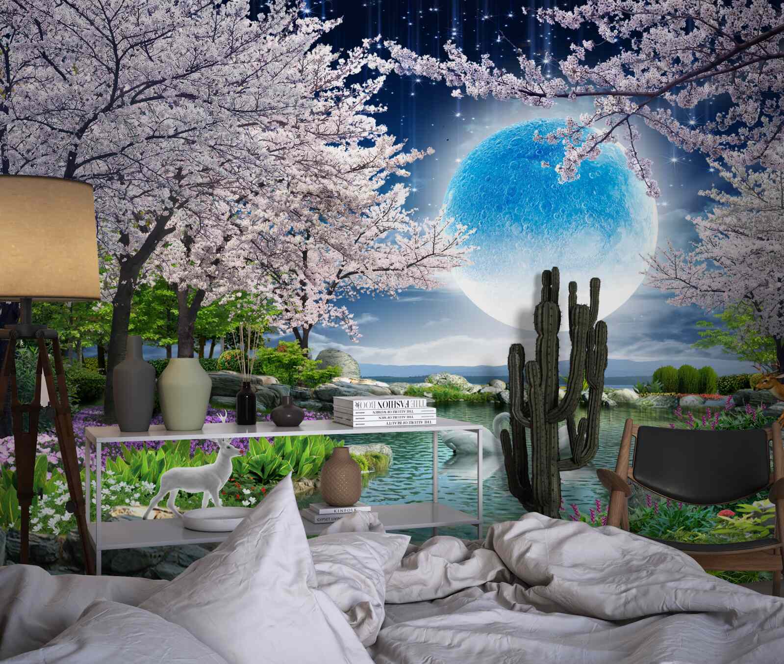 Papier peint forêt magique sous le dôme d'une énorme lune