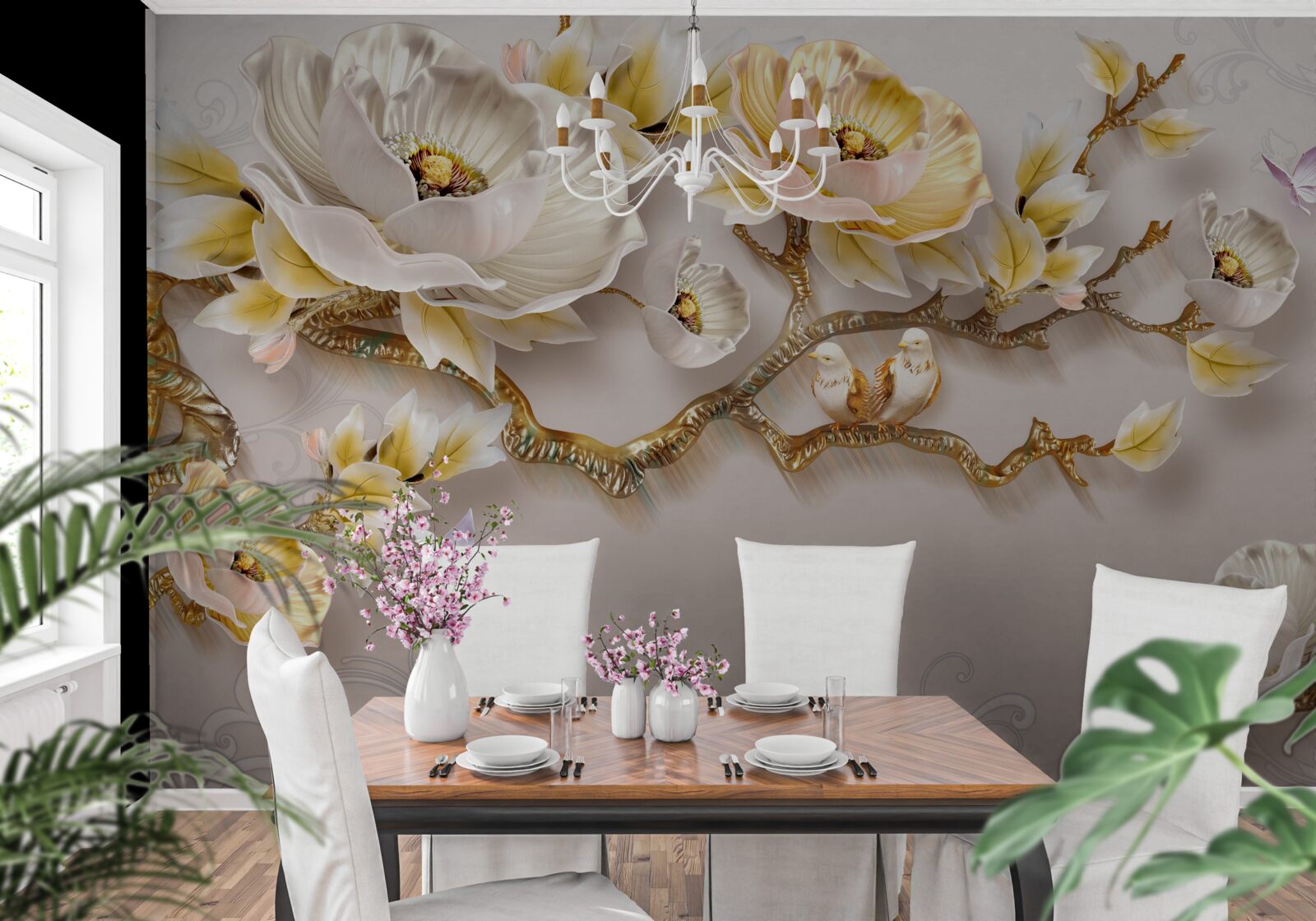 Papier peint le fond délicat est décoré d'une branche avec des fleurs blanches et jaunes
