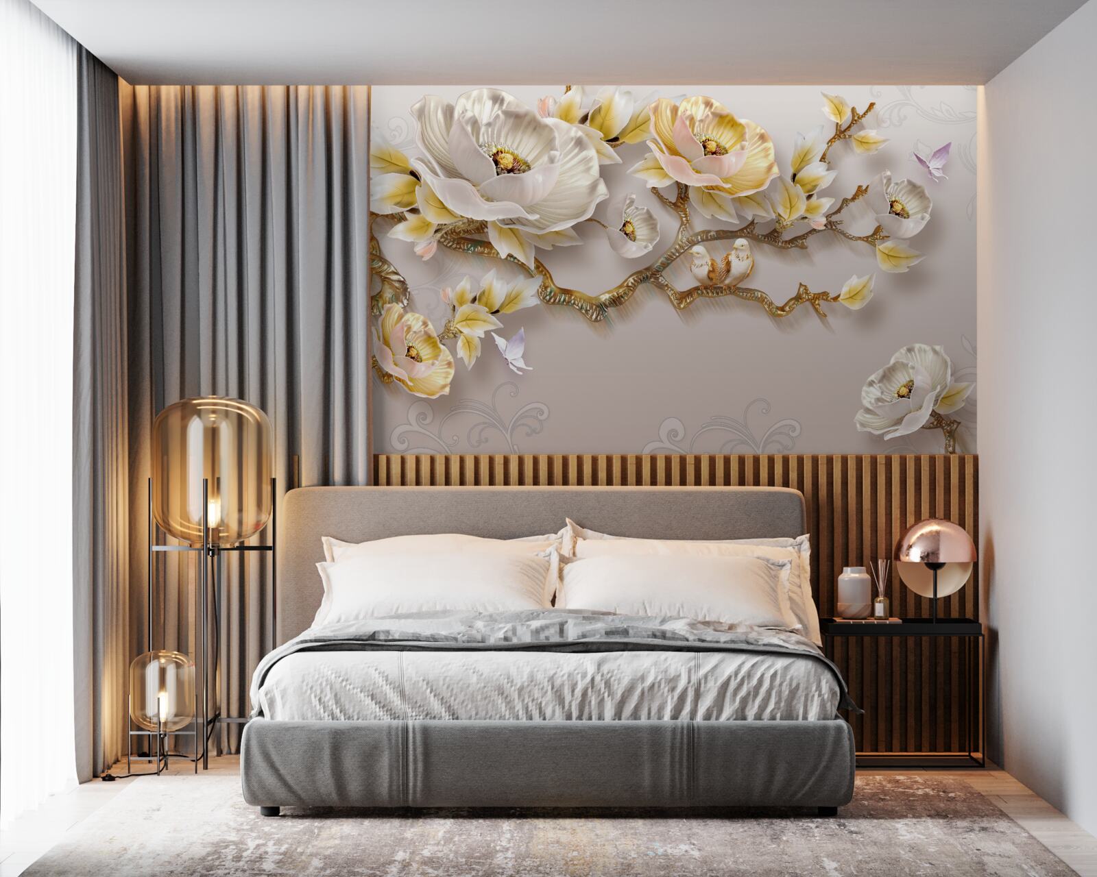 Papier peint le fond délicat est décoré d'une branche avec des fleurs blanches et jaunes