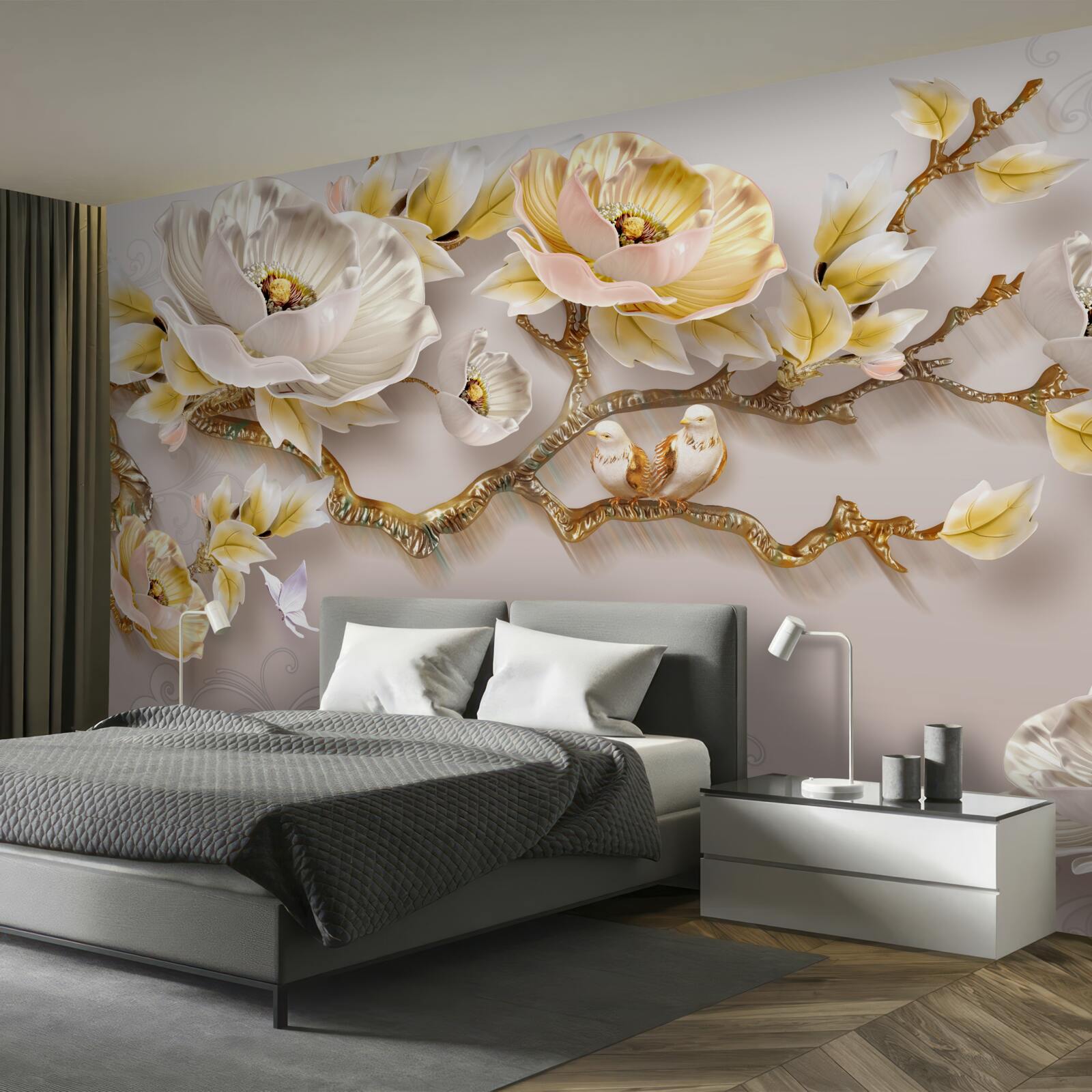 Papier peint le fond délicat est décoré d'une branche avec des fleurs blanches et jaunes