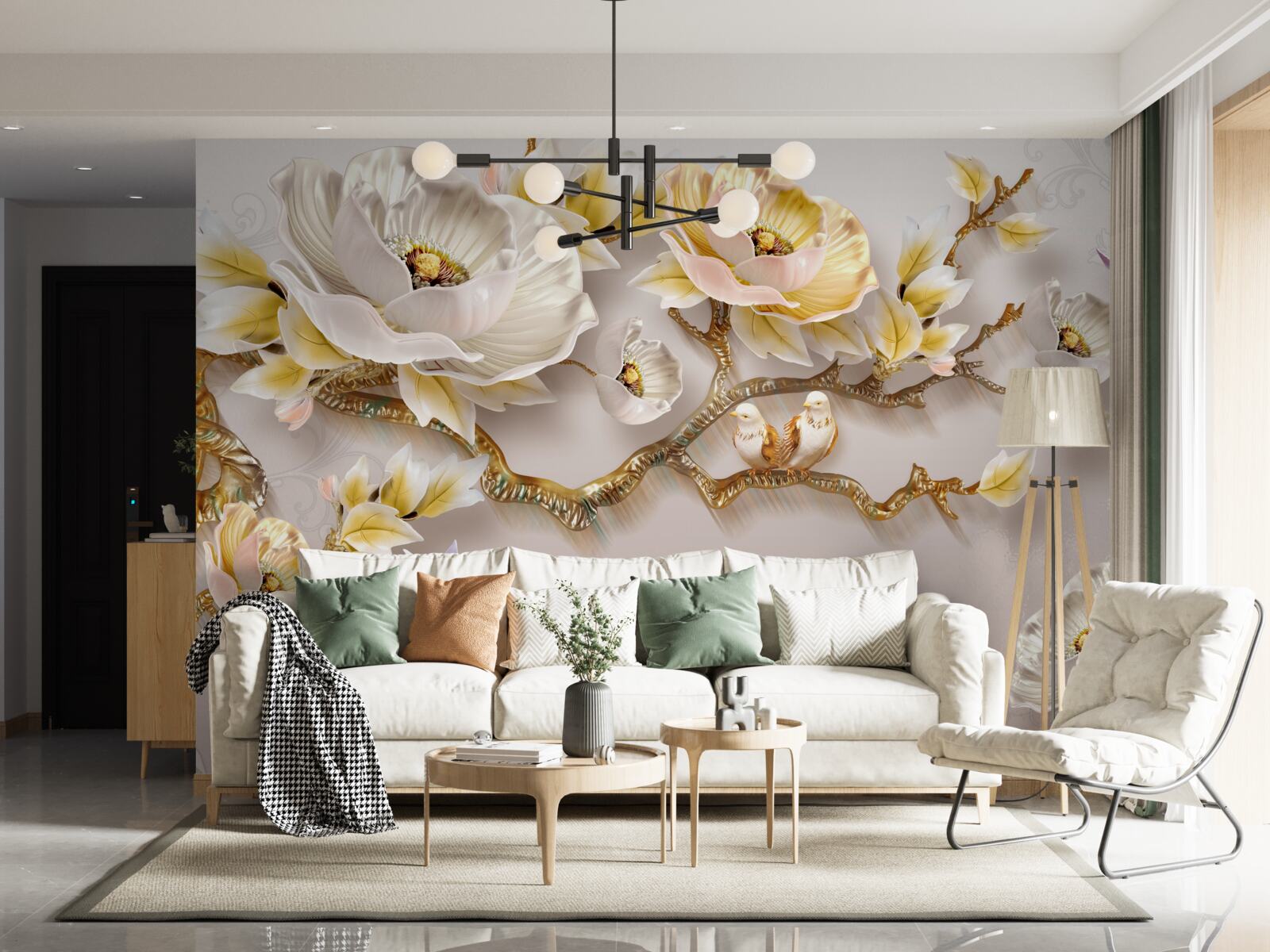 Papier peint le fond délicat est décoré d'une branche avec des fleurs blanches et jaunes
