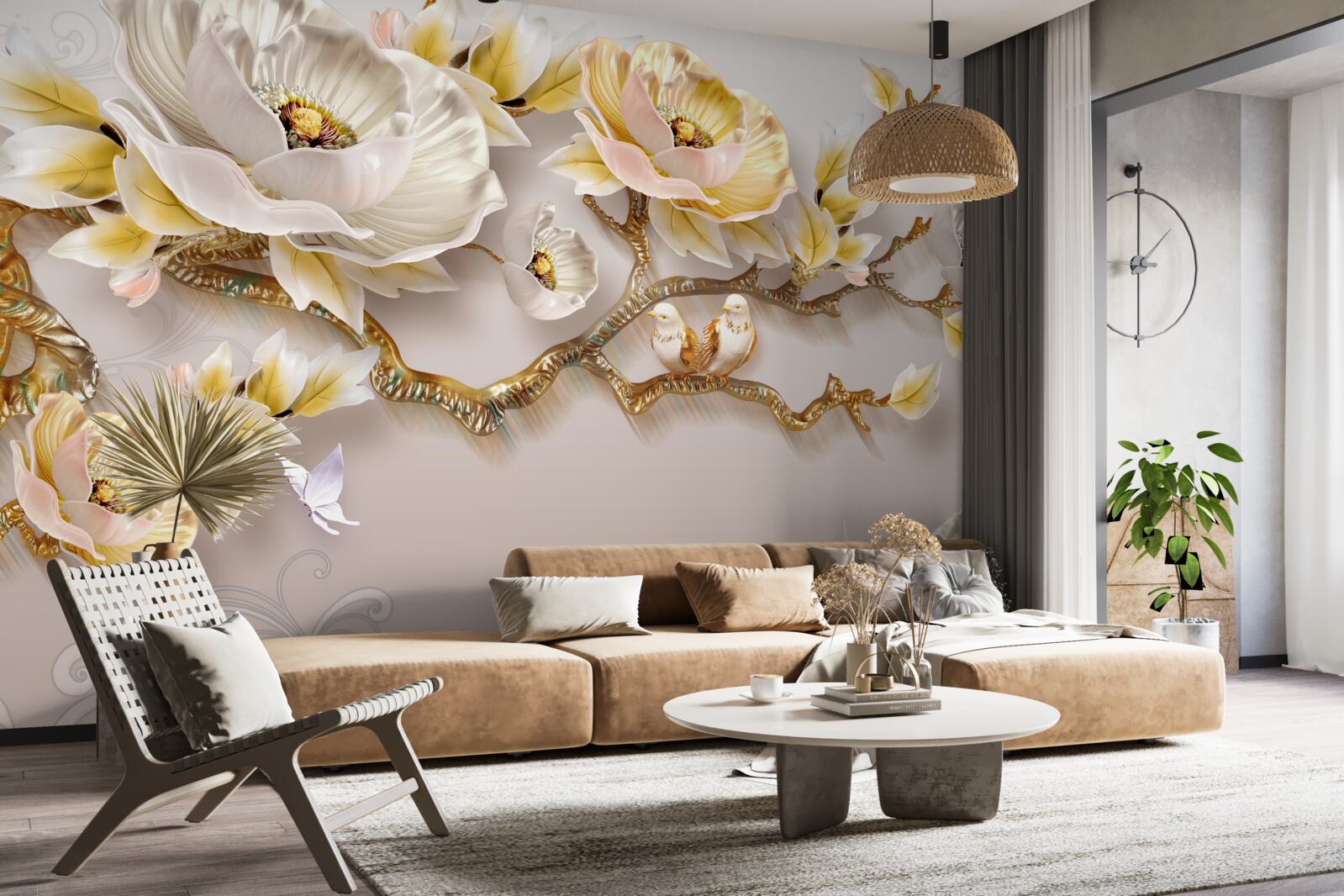 Papier peint le fond délicat est décoré d'une branche avec des fleurs blanches et jaunes
