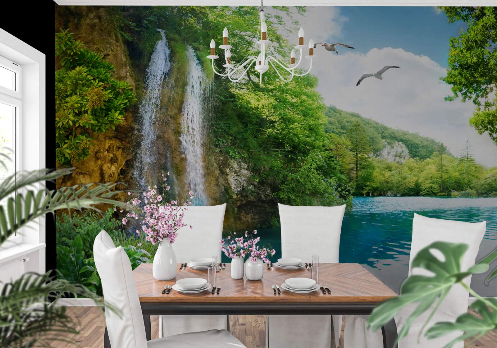 Papier peint une fabuleuse beauté naturelle entoure la cascade et le lac