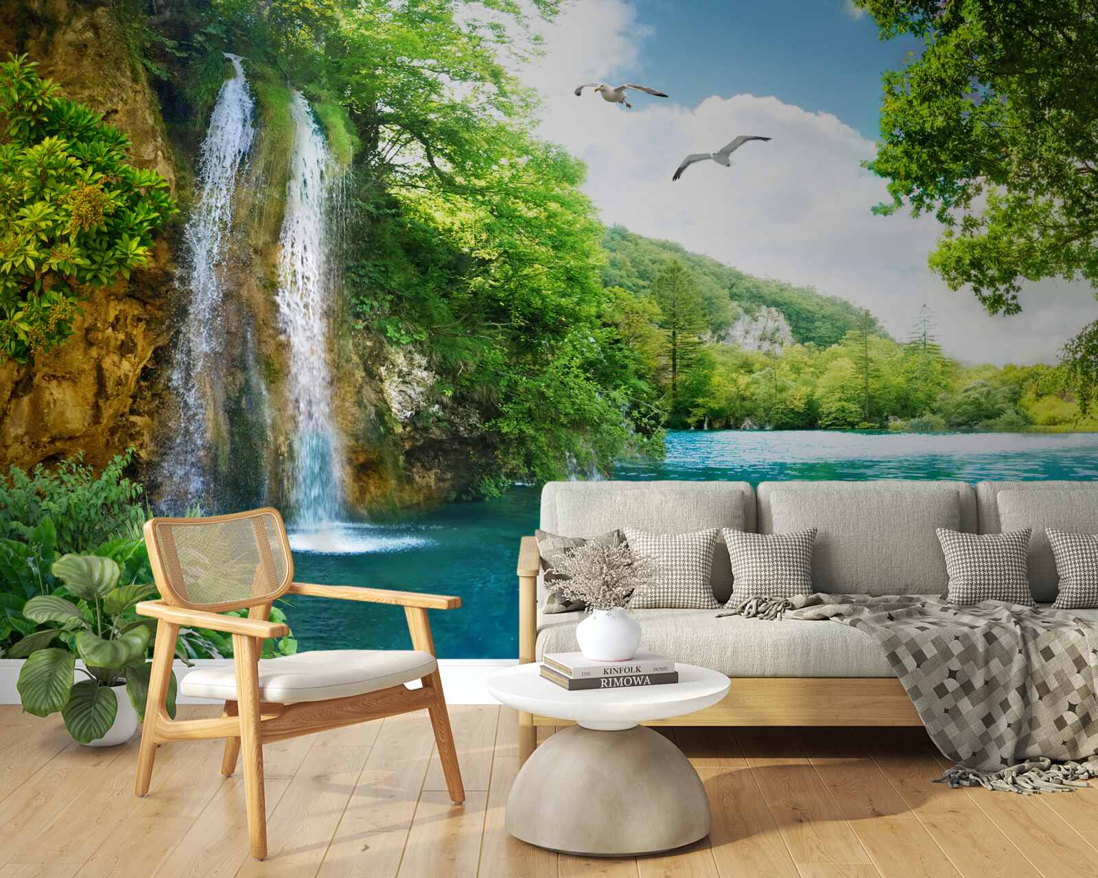 Papier peint une fabuleuse beauté naturelle entoure la cascade et le lac