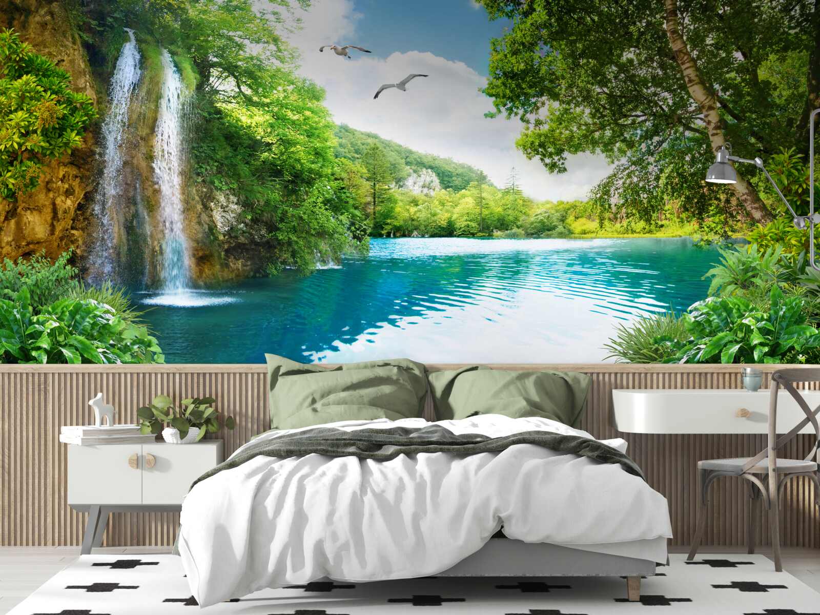 Papier peint une fabuleuse beauté naturelle entoure la cascade et le lac