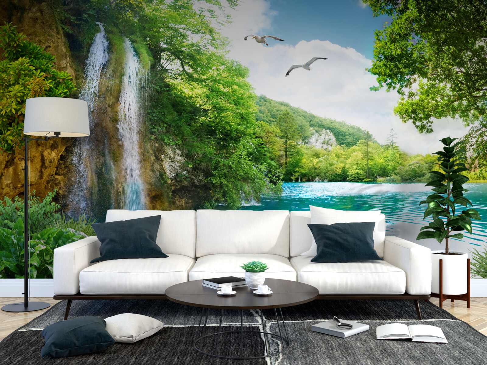 Papier peint une fabuleuse beauté naturelle entoure la cascade et le lac