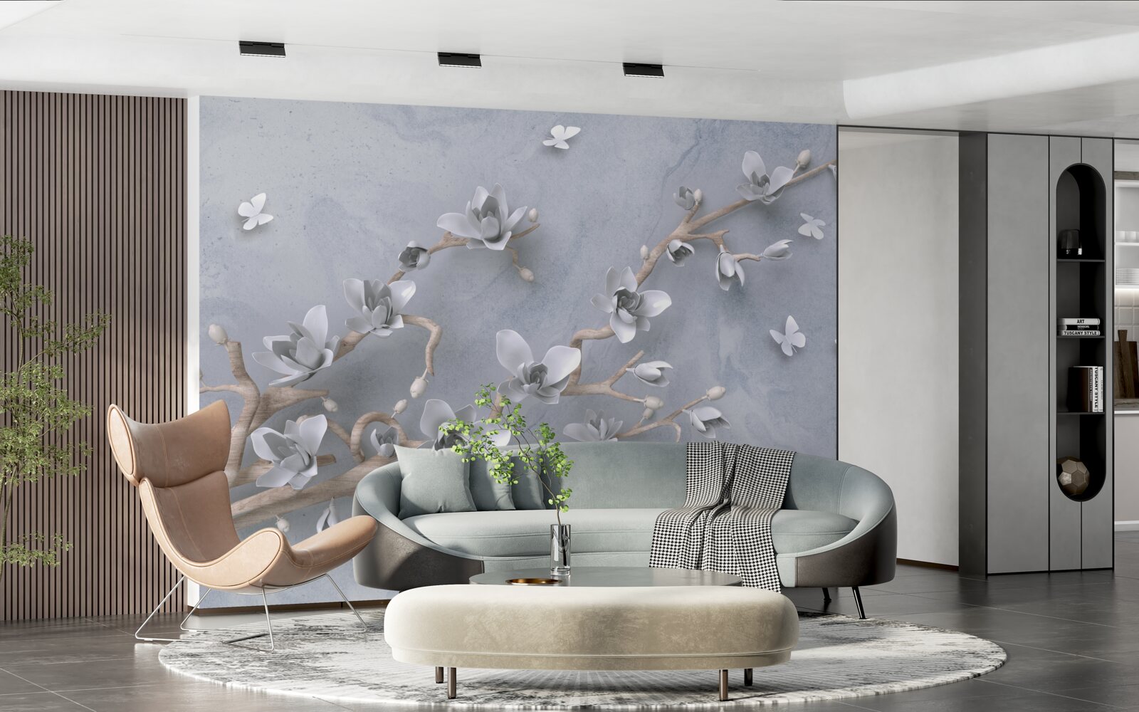 Papier peint branche en pleine floraison sur fond gris
