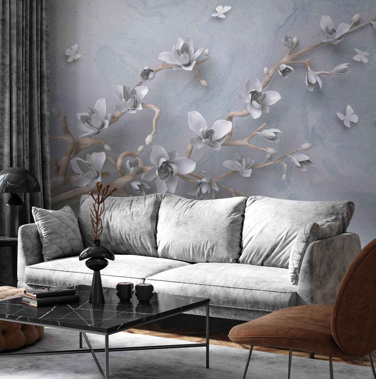 Papier peint branche en pleine floraison sur fond gris