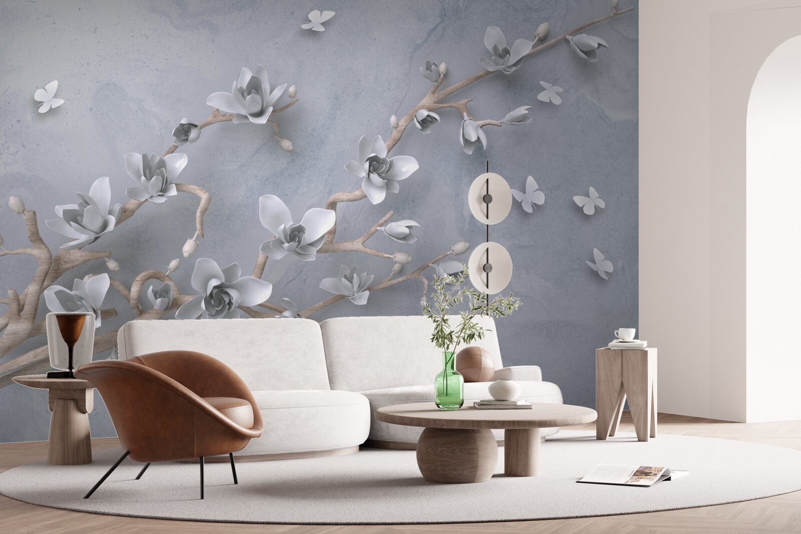 Papier peint branche en pleine floraison sur fond gris