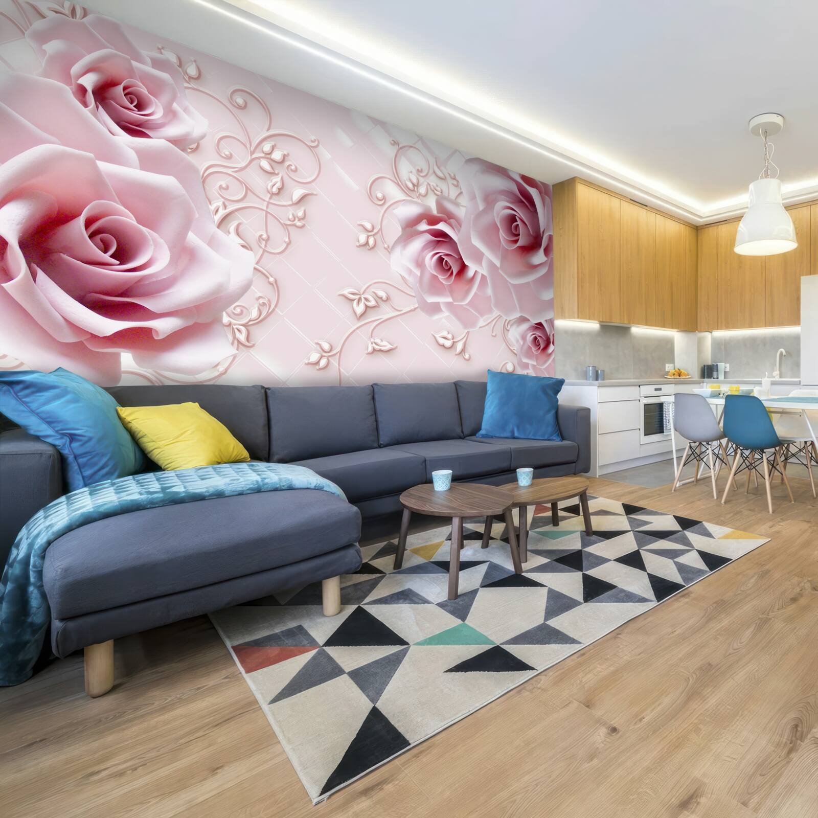 Papier peint roses en rose sur fond rose tendre