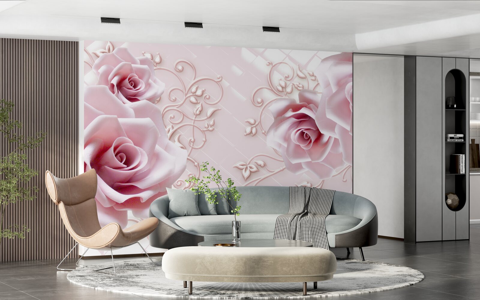 Papier peint roses en rose sur fond rose tendre