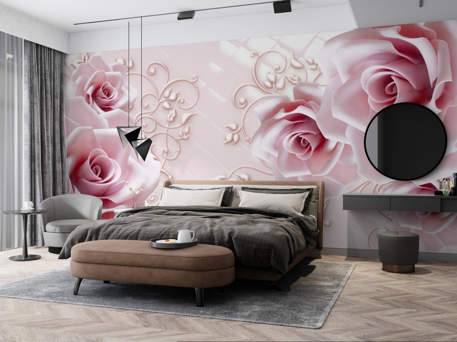 Papier peint roses en rose sur fond rose tendre